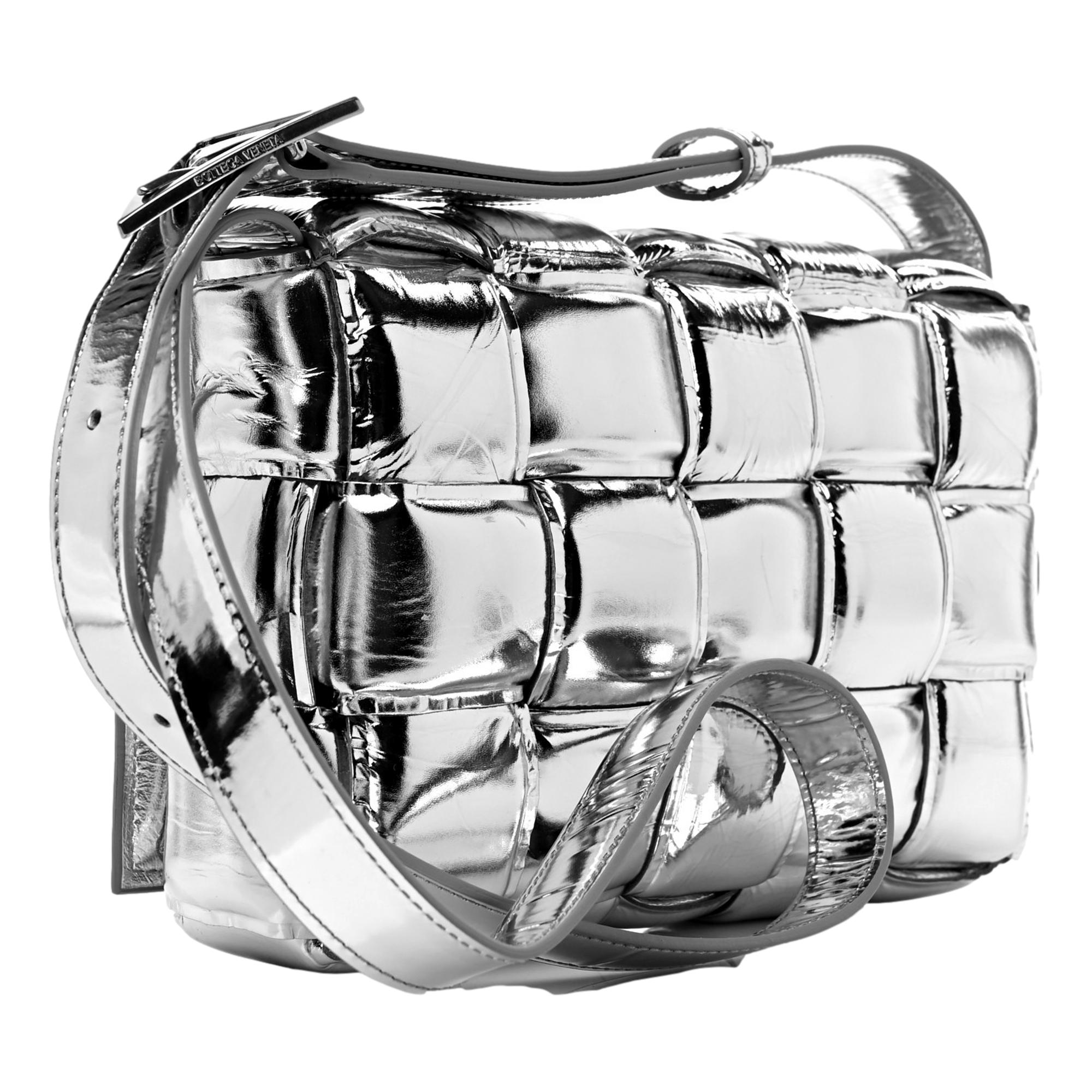 Bottega Veneta Padded Cassette Metallic Silver Lambskin Crossbody Bag at_Queen_Bee_of_Beverly_Hills