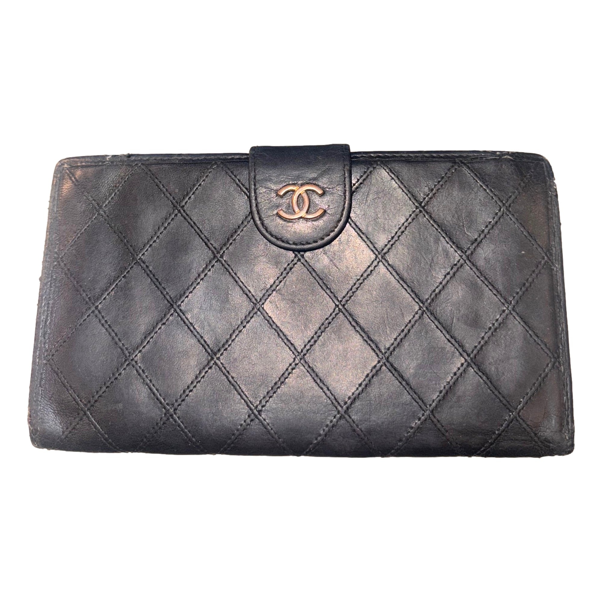Chanel Vintage Interlocking CC Black Lambskin Quilted Wallet with