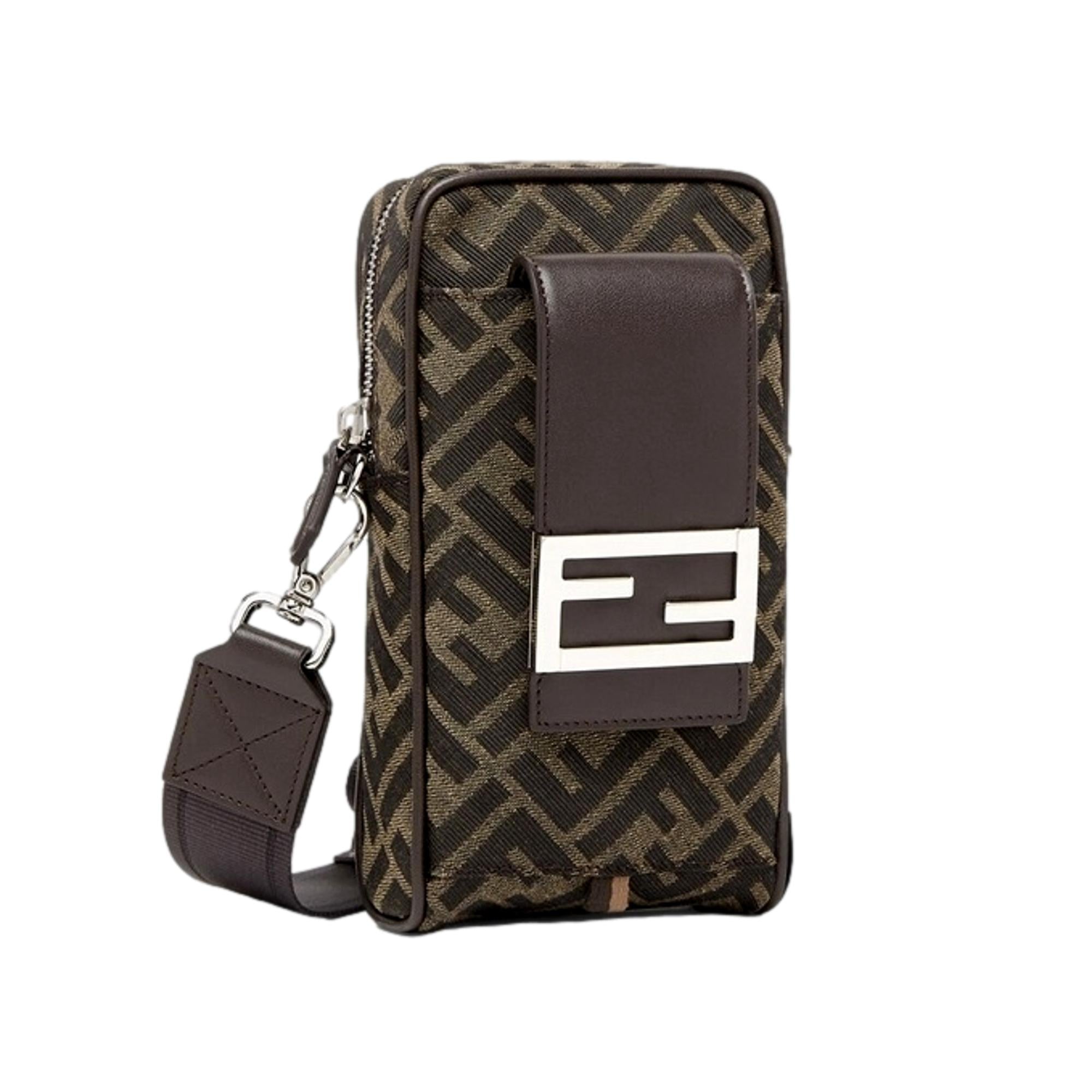 Fendi Baguette Brown Zucca Canvas Phone Holder Crossbody Bag at_Queen_Bee_of_Beverly_Hills