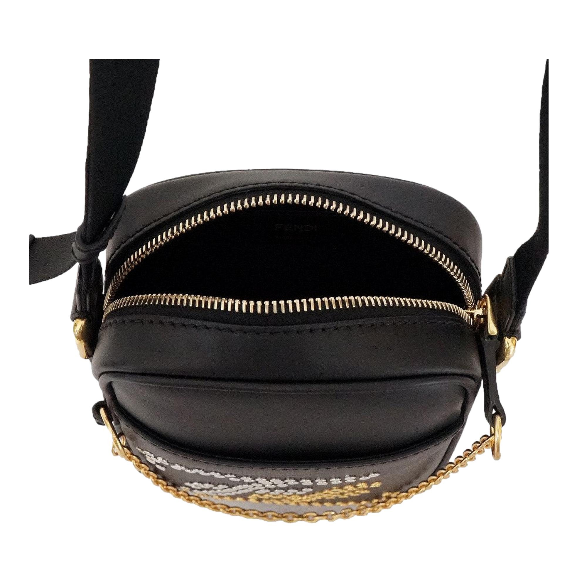 Fendi Karligraphy Studded Black Leather Small Crossbody Bag at_Queen_Bee_of_Beverly_Hills