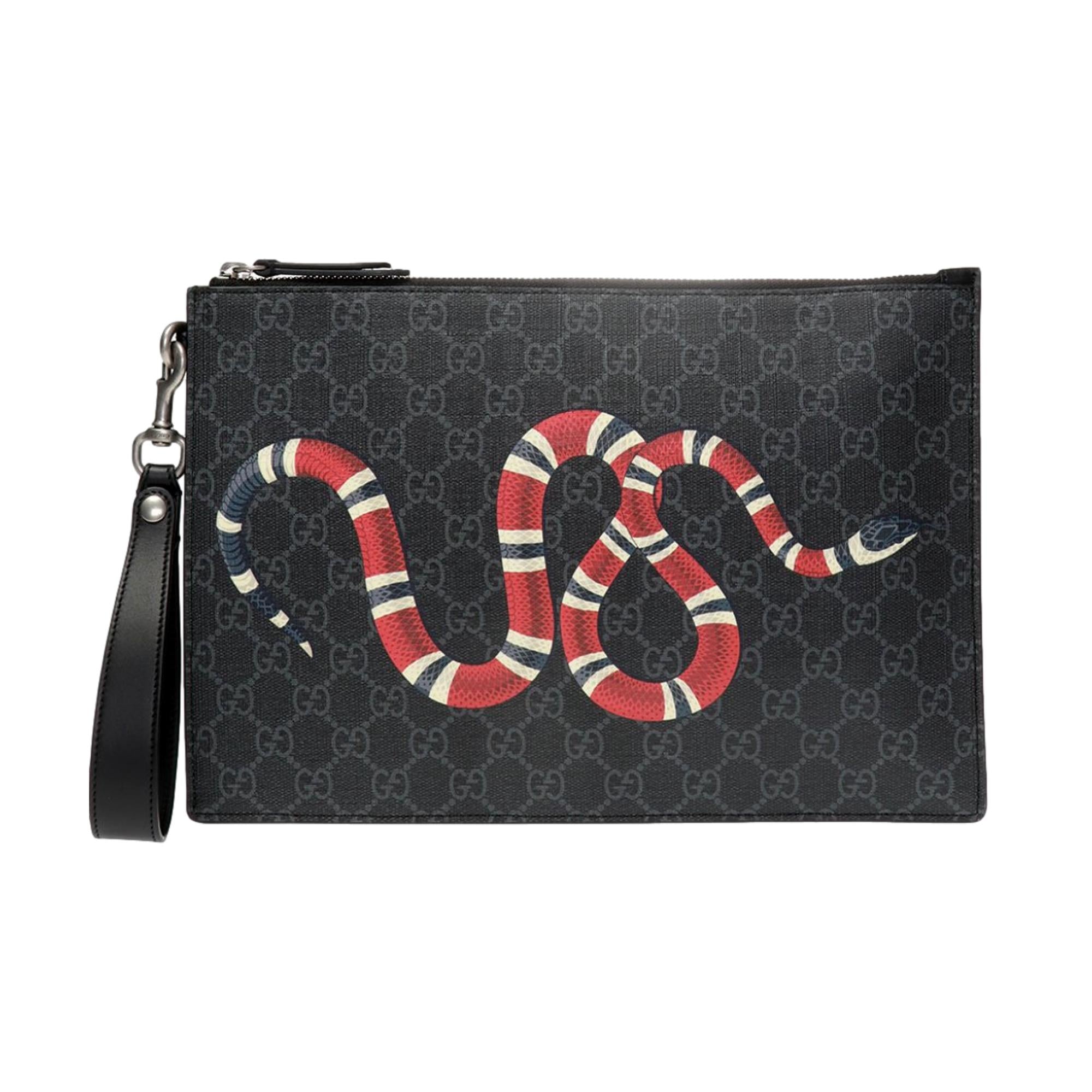 Gucci Bestiary Kingsnake Black GG Supreme Canvas Wristlet Clutch at_Queen_Bee_of_Beverly_Hills