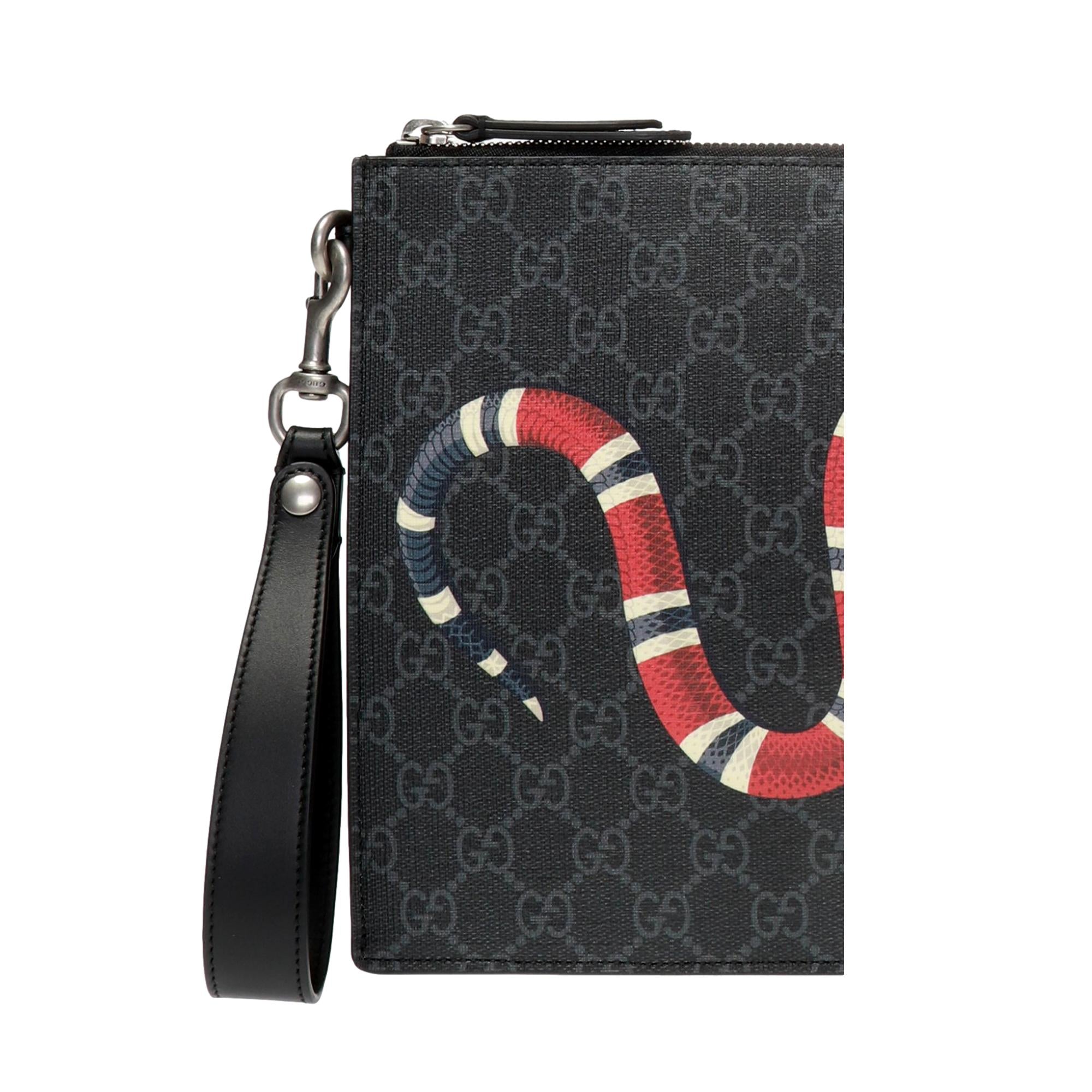 Gucci Bestiary Kingsnake Black GG Supreme Canvas Wristlet Clutch at_Queen_Bee_of_Beverly_Hills