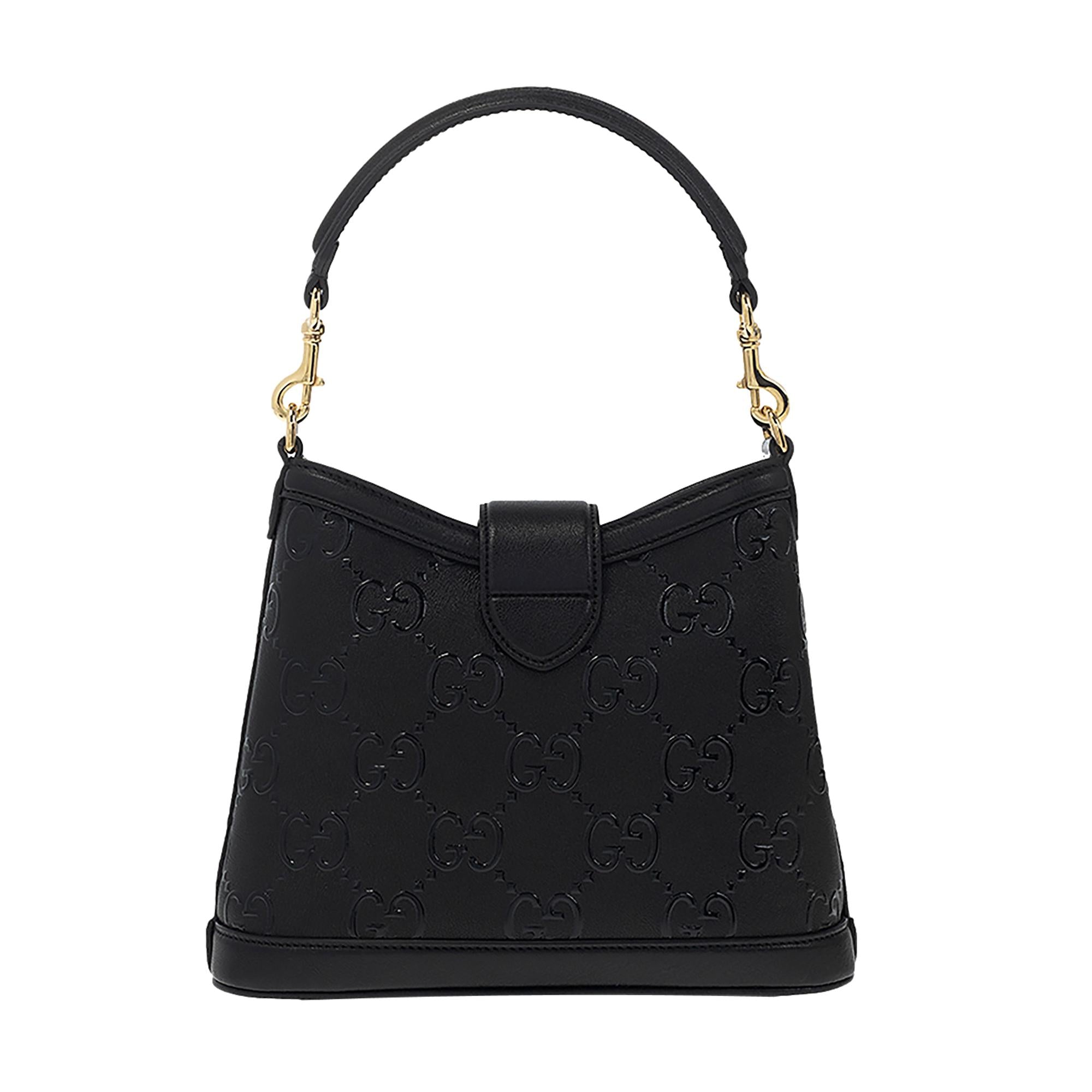 Gucci GG Black Embossed Pebbled Leather Gold Chain Shoulder Bag at_Queen_Bee_of_Beverly_Hills