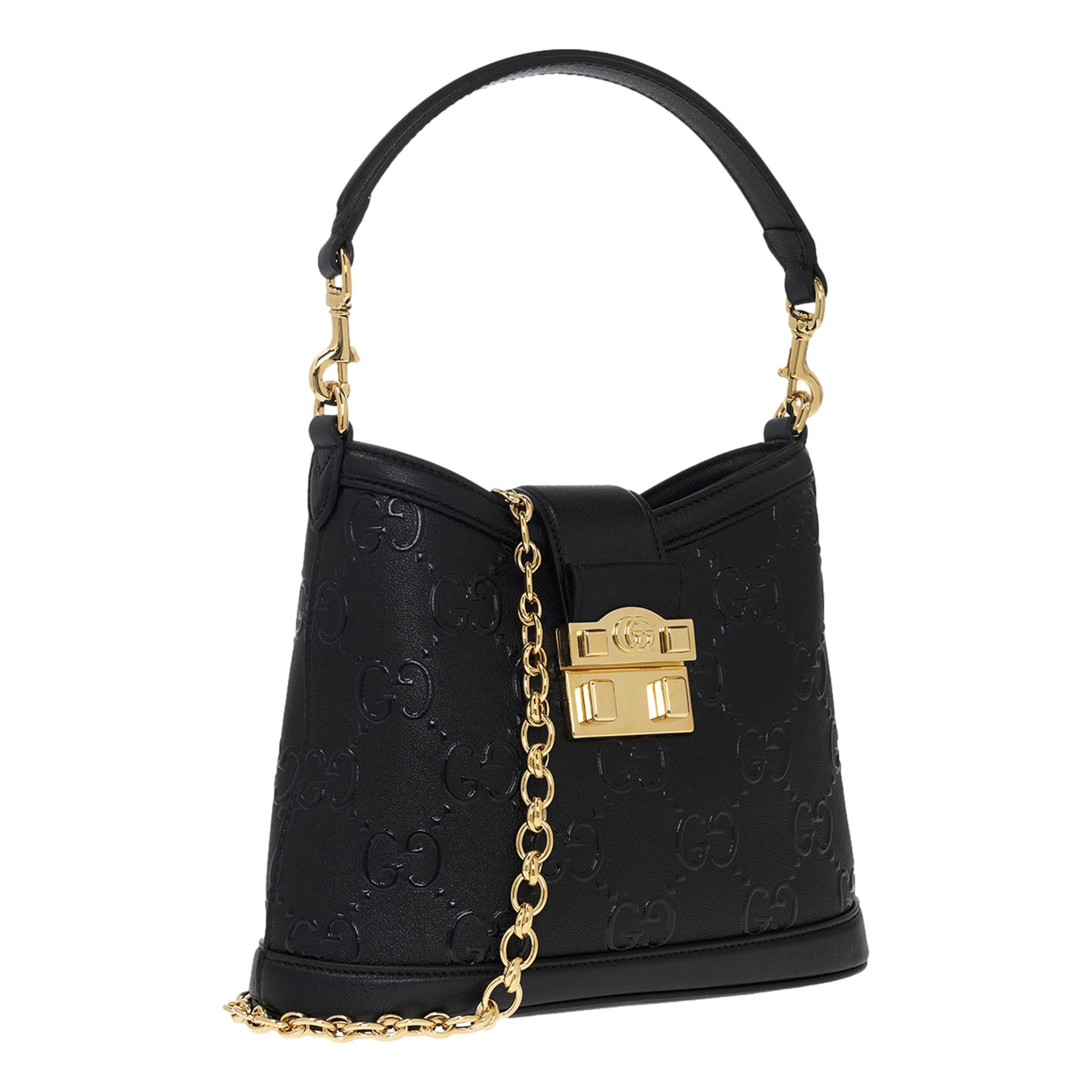 Gucci GG Black Embossed Pebbled Leather Gold Chain Shoulder Bag at_Queen_Bee_of_Beverly_Hills