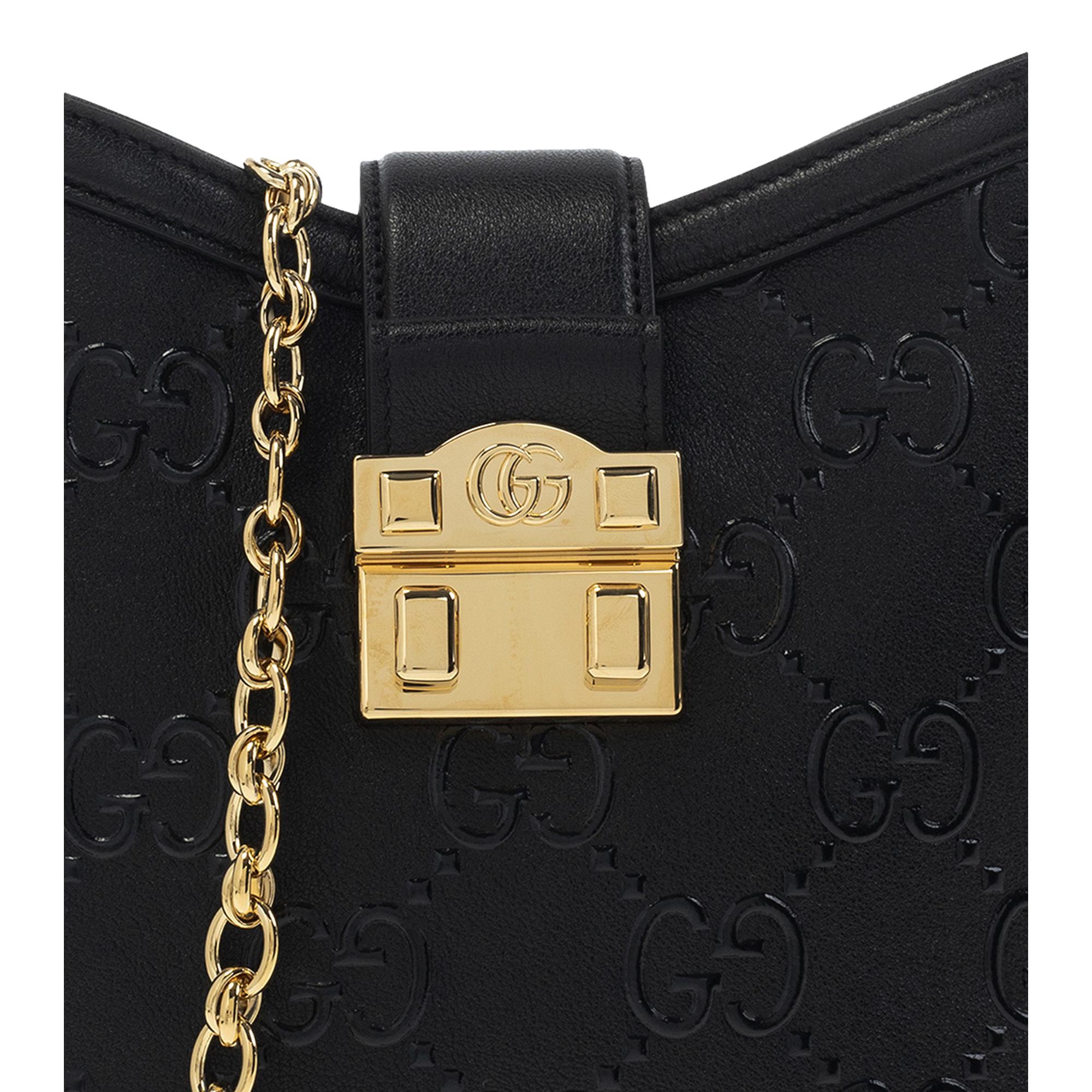 Gucci GG Black Embossed Pebbled Leather Gold Chain Shoulder Bag at_Queen_Bee_of_Beverly_Hills