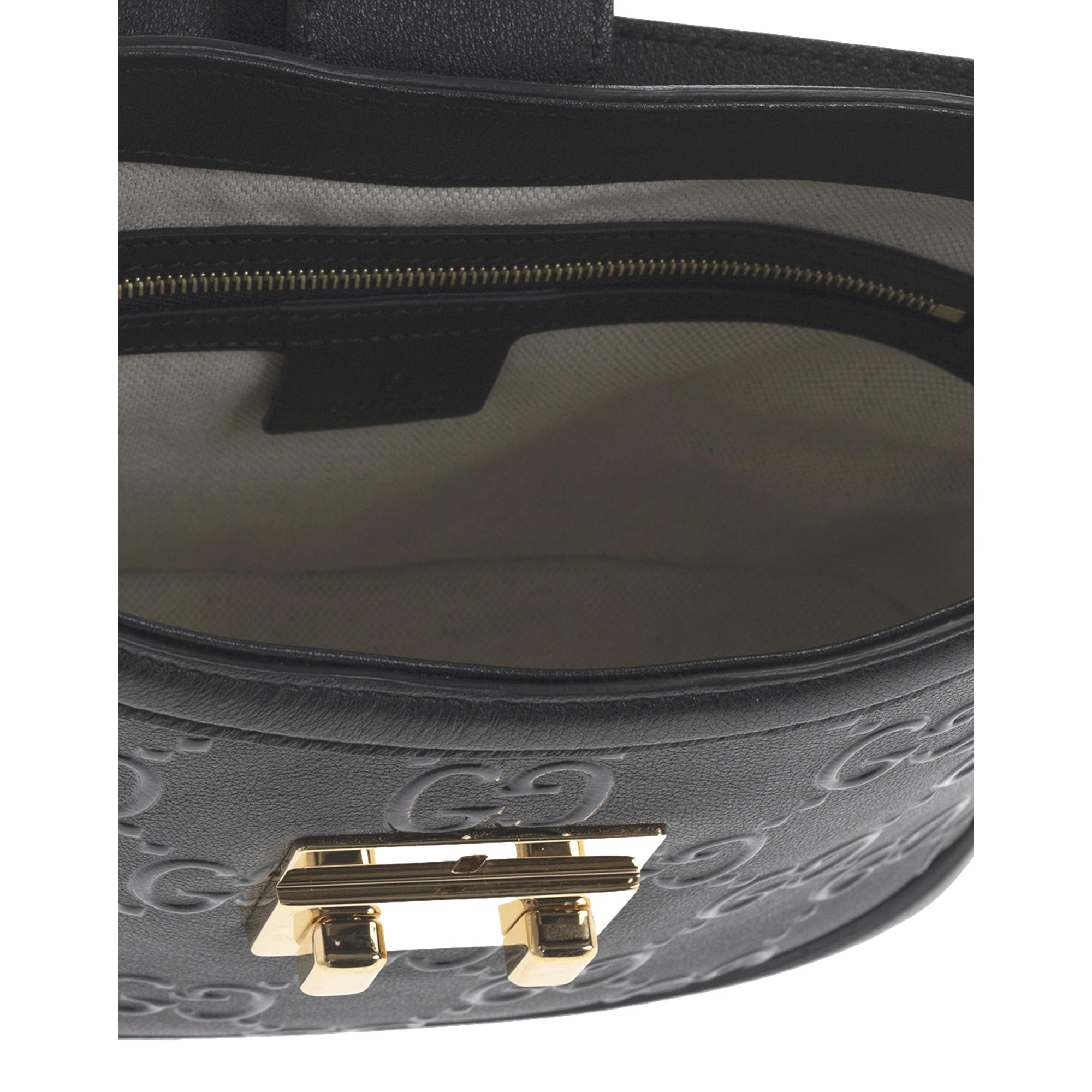 Gucci GG Black Embossed Pebbled Leather Gold Chain Shoulder Bag at_Queen_Bee_of_Beverly_Hills