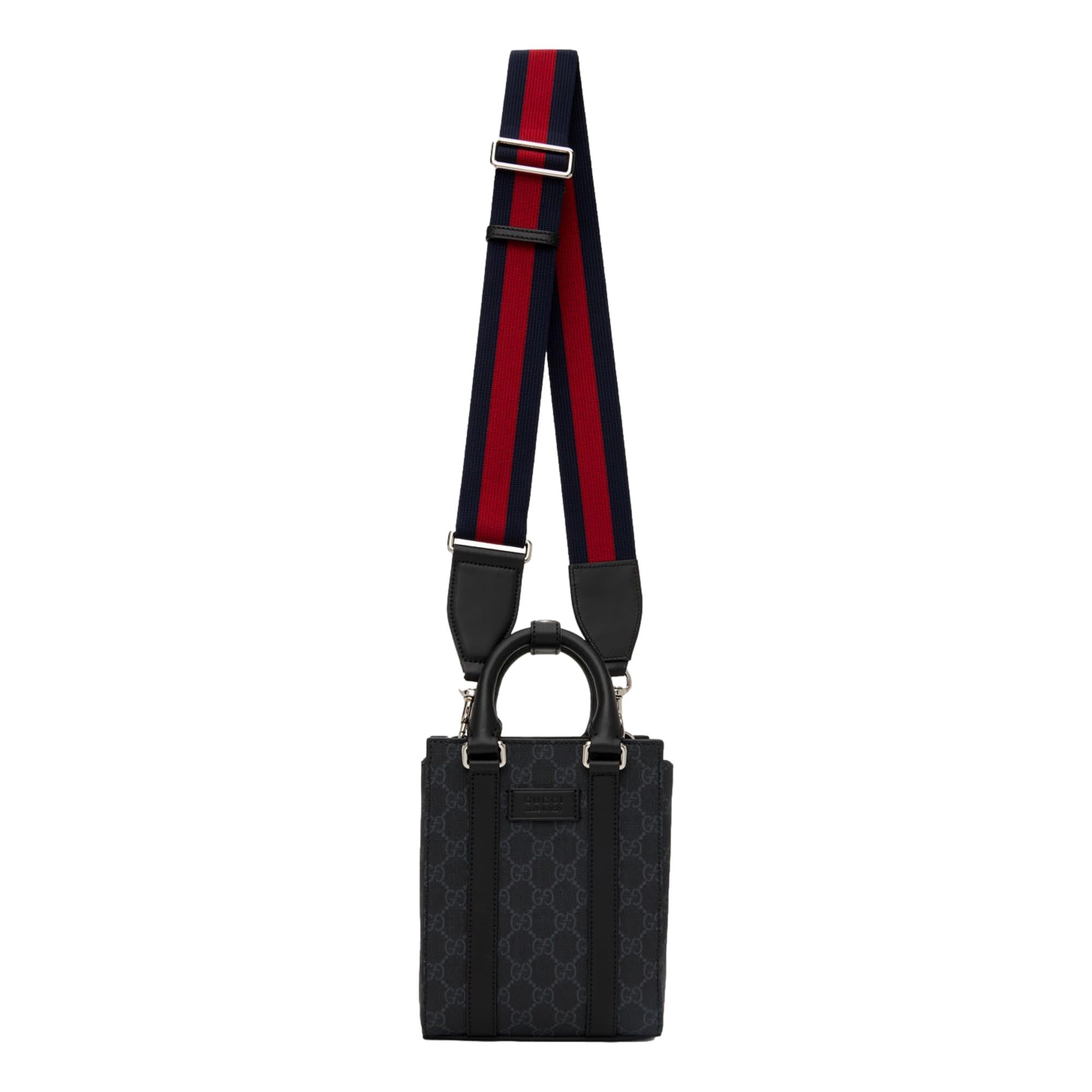 Gucci GG Supreme Monogram Black Canvas Web Strap Mini Tote Bag at_Queen_Bee_of_Beverly_Hills