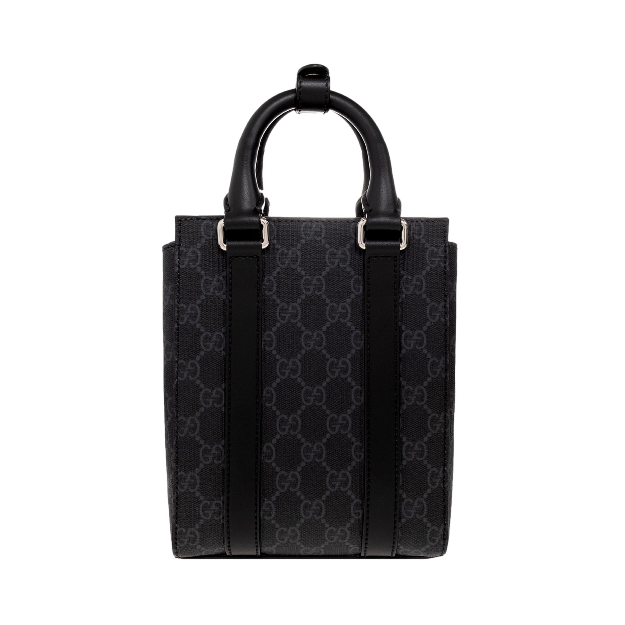 Gucci GG Supreme Monogram Black Canvas Web Strap Mini Tote Bag at_Queen_Bee_of_Beverly_Hills