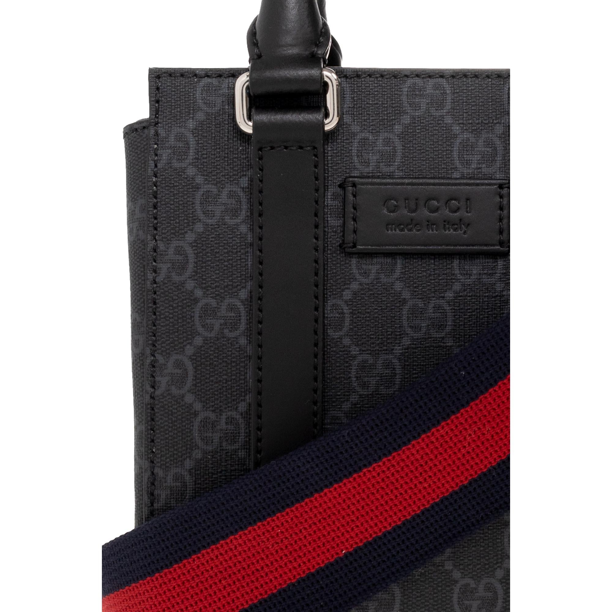 Gucci GG Supreme Monogram Black Canvas Web Strap Mini Tote Bag at_Queen_Bee_of_Beverly_Hills