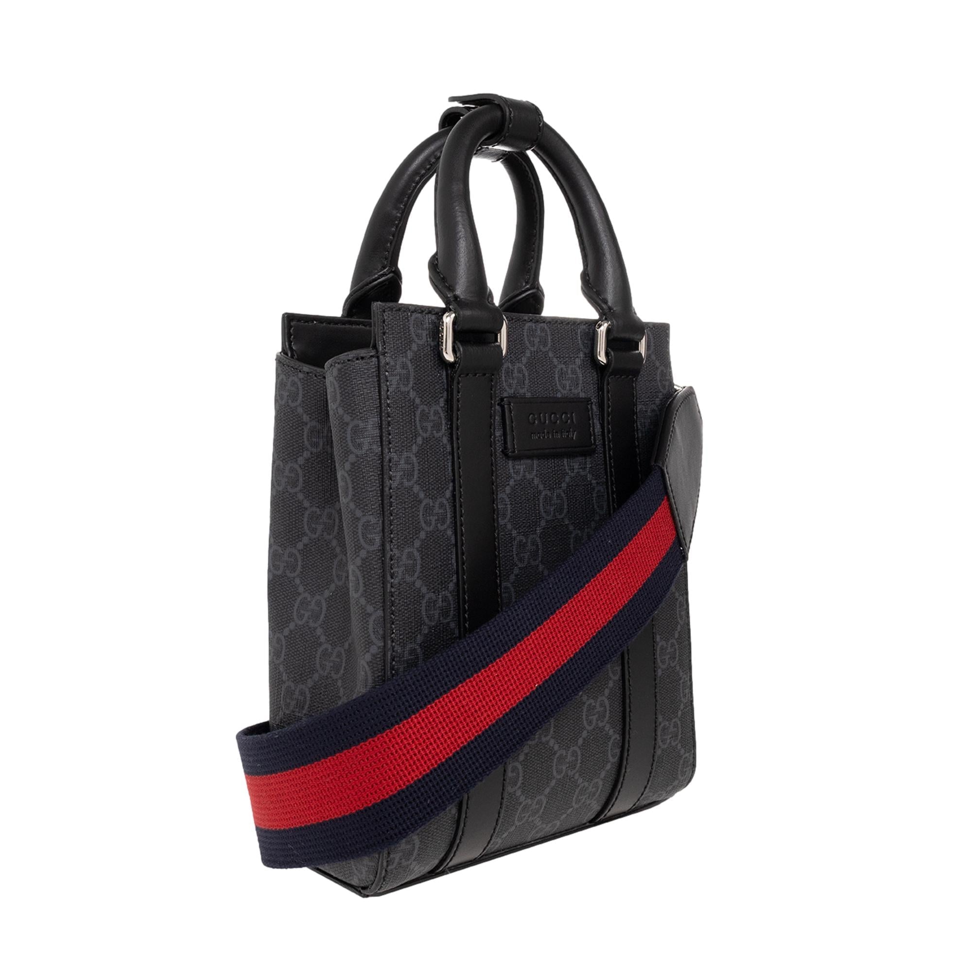 Gucci GG Supreme Monogram Black Canvas Web Strap Mini Tote Bag at_Queen_Bee_of_Beverly_Hills