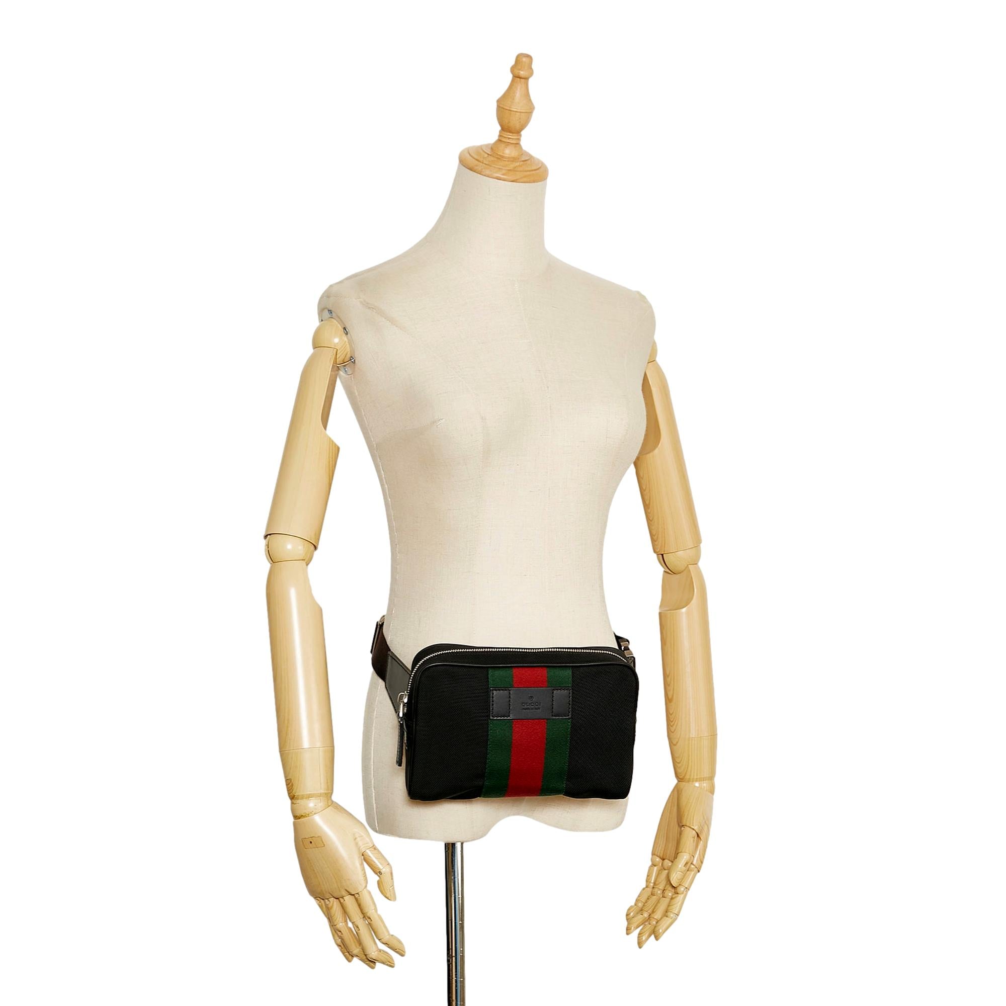 Gucci Techno Web Stripe Black Canvas Leather Trim Waist Belt Bag at_Queen_Bee_of_Beverly_Hills