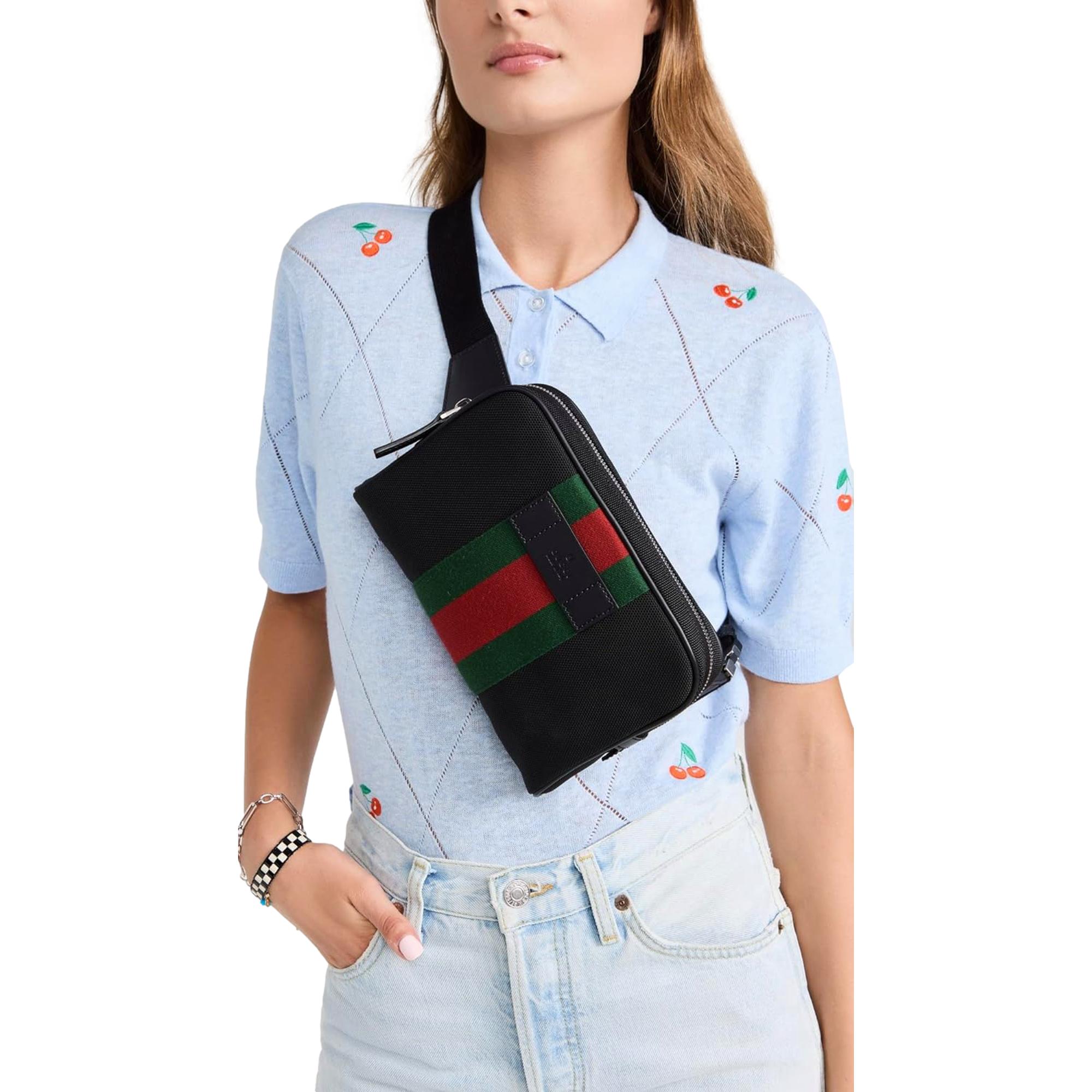 Gucci Techno Web Stripe Black Canvas Leather Trim Waist Belt Bag at_Queen_Bee_of_Beverly_Hills