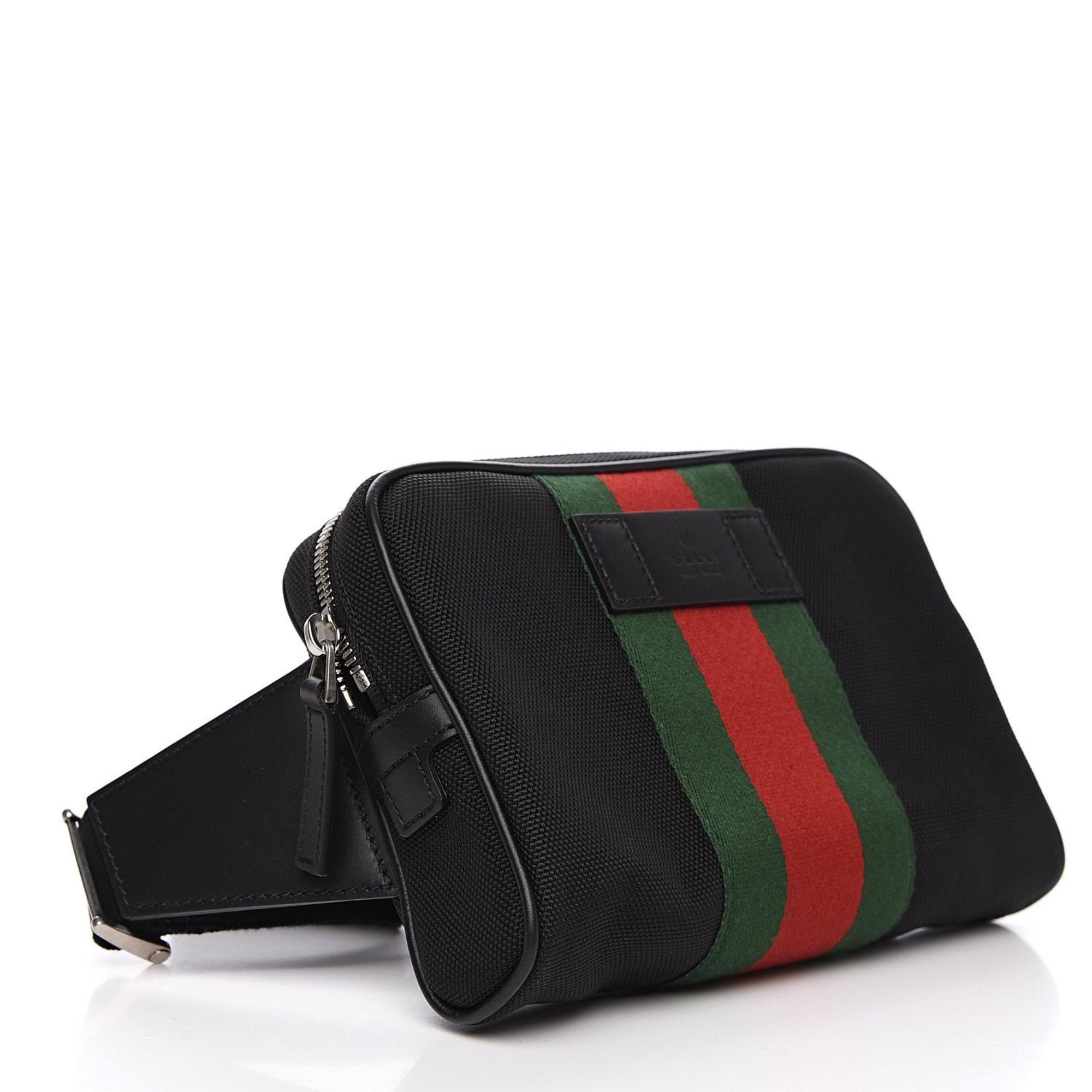 Gucci Techno Web Stripe Black Canvas Leather Trim Waist Belt Bag at_Queen_Bee_of_Beverly_Hills