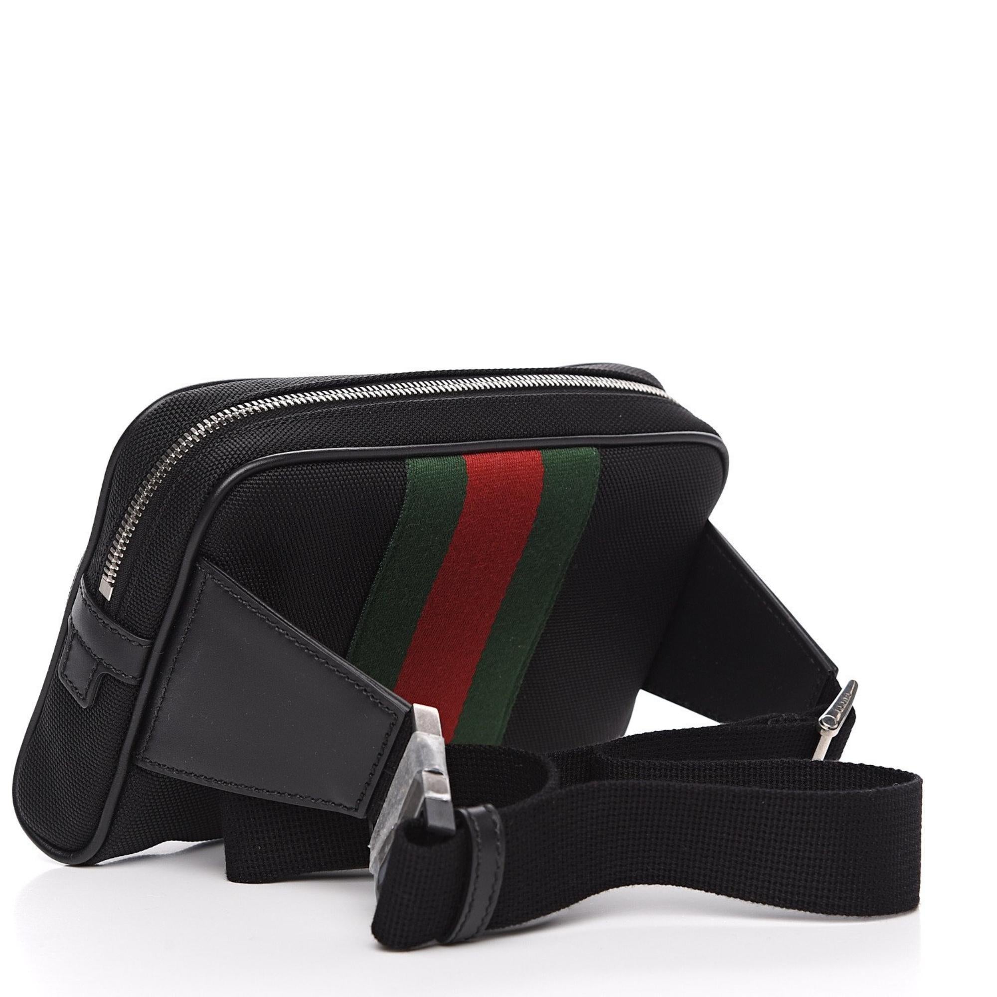 Gucci Techno Web Stripe Black Canvas Leather Trim Waist Belt Bag at_Queen_Bee_of_Beverly_Hills