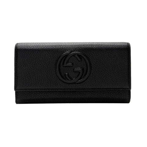 Gucci Soho Cellarius Black Long Flap Wallet Clutch Black Pebbled Leather