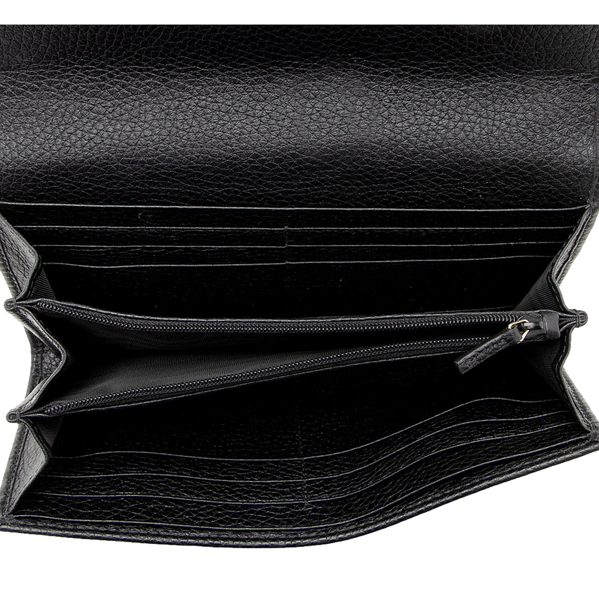 Gucci Soho Cellarius Black Long Flap Wallet Clutch Black Pebbled Leather