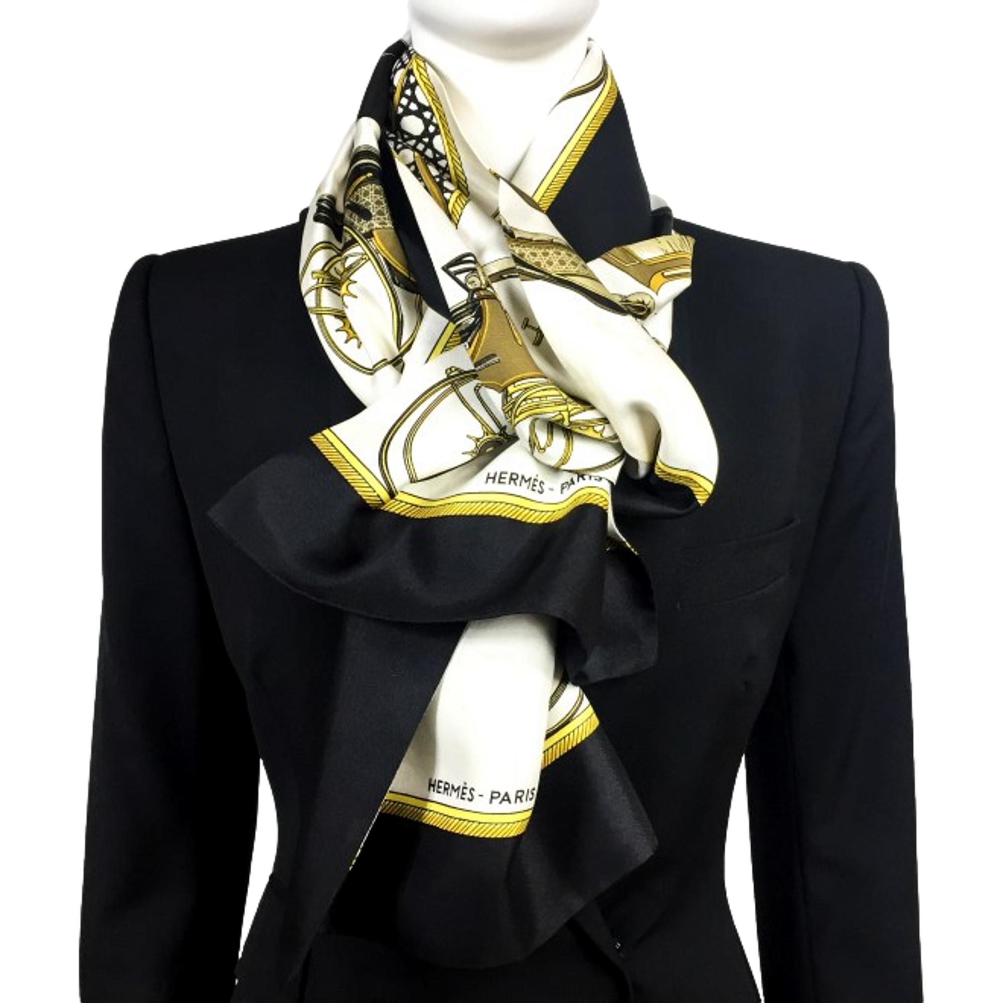Hermes Les Voitures A Transformation Black and Gold Carriages Silk Scarf at_Queen_Bee_of_Beverly_Hills