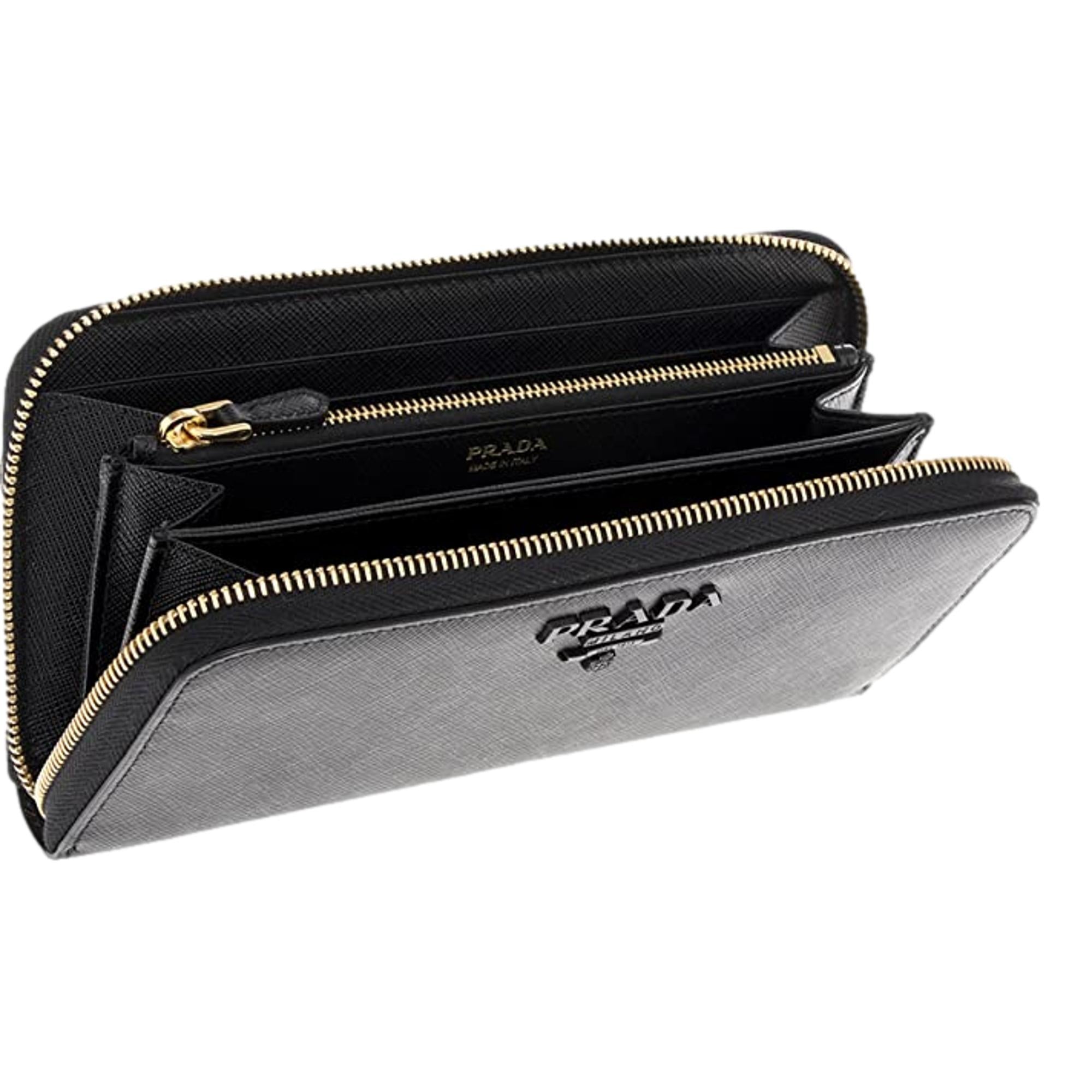 Prada Black Logo Saffiano Leather Zip Around Wallet 1ML506 at_Queen_Bee_of_Beverly_Hills