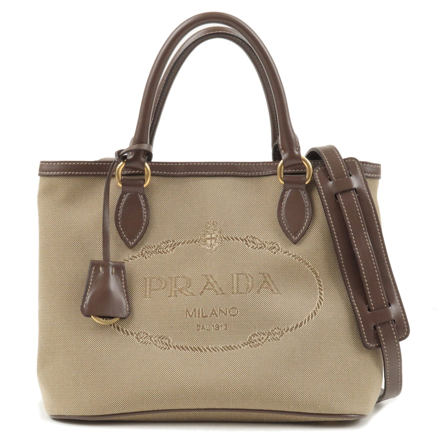 Prada Logo Jacquard Beige Canvas Leather Trim Crossbody Satchel Bag at_Queen_Bee_of_Beverly_Hills