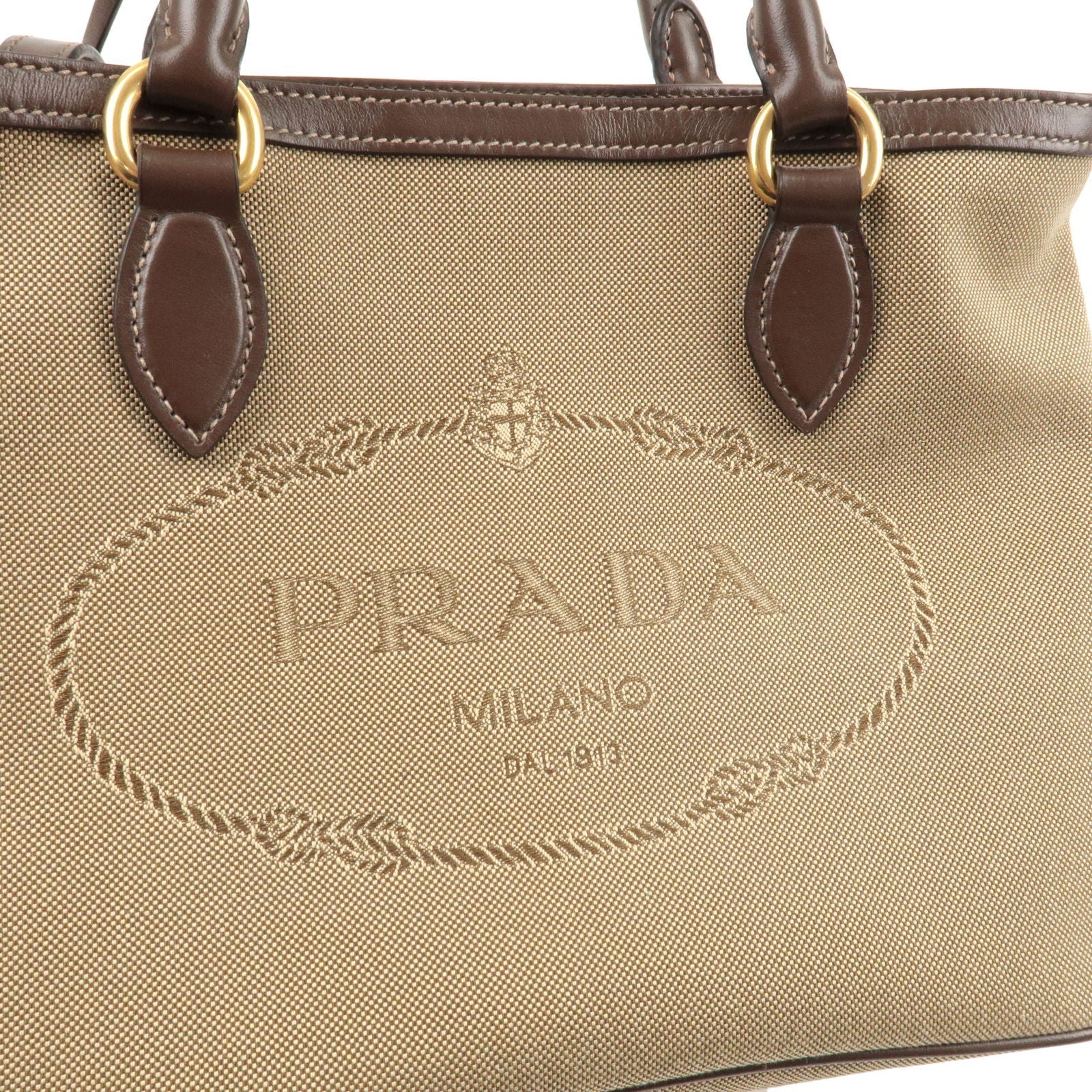 Prada Logo Jacquard Beige Canvas Leather Trim Crossbody Satchel Bag at_Queen_Bee_of_Beverly_Hills