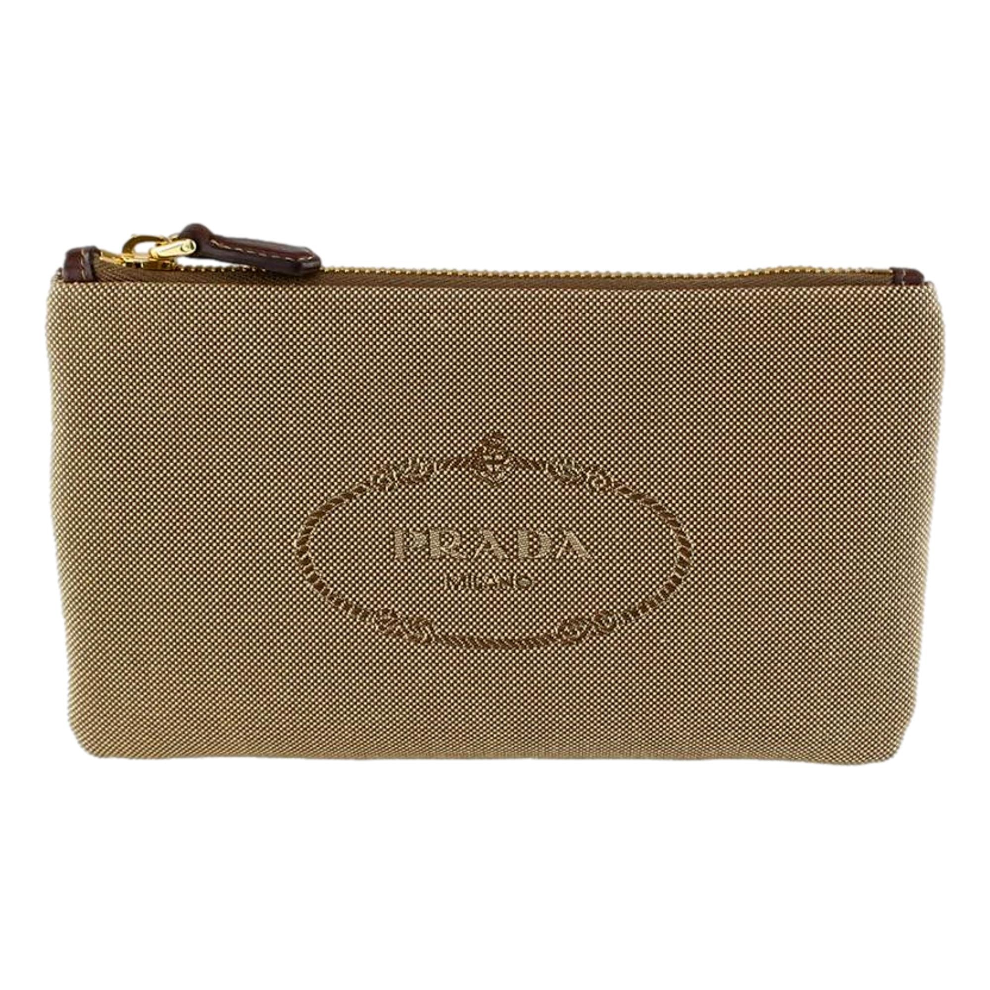 Prada Logo Jacquard Beige Canvas Small Flat Pouch Clutch Bag at_Queen_Bee_of_Beverly_Hills