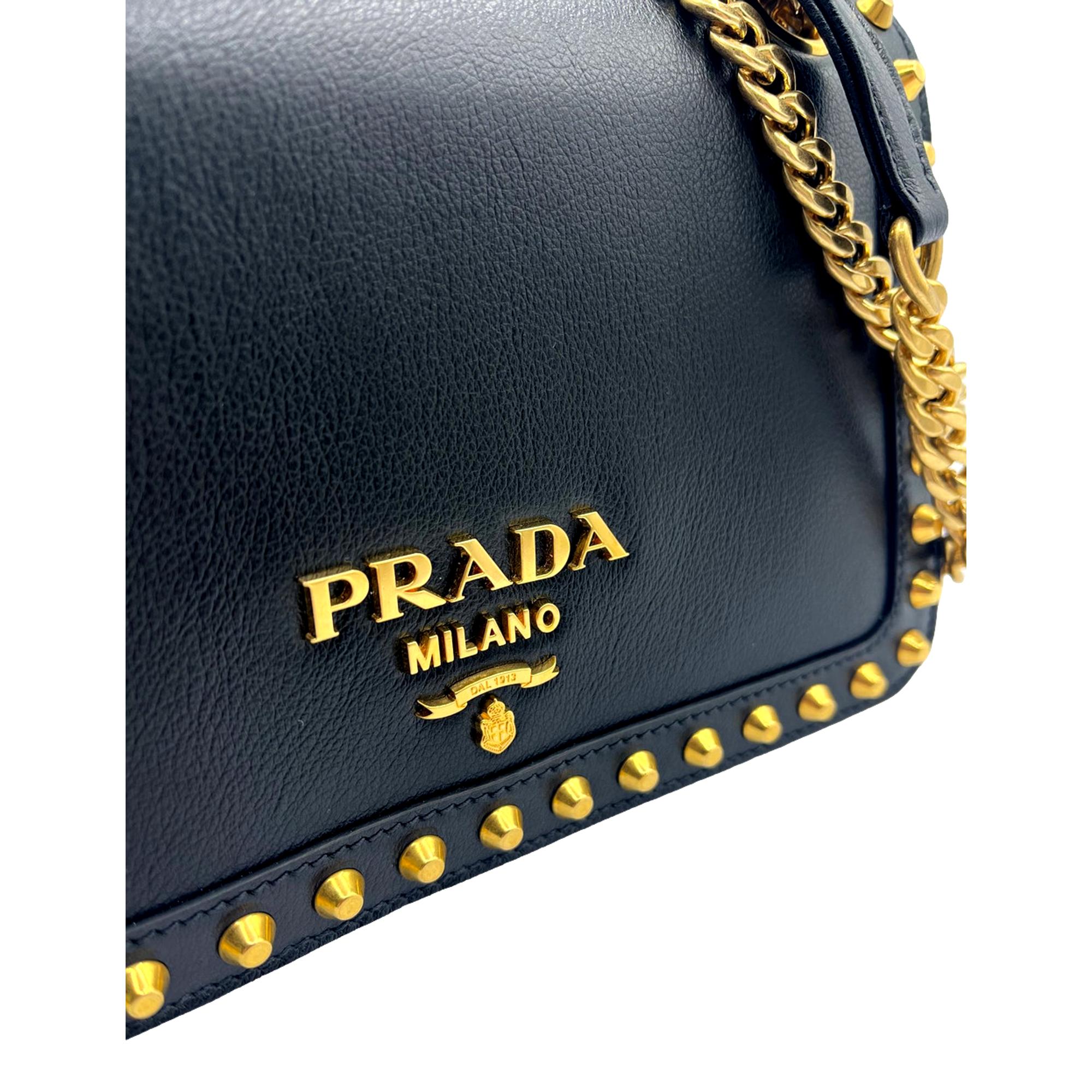 Prada Pattina Black Calf Leather Studded Flap Chain Crossbody Bag at_Queen_Bee_of_Beverly_Hills