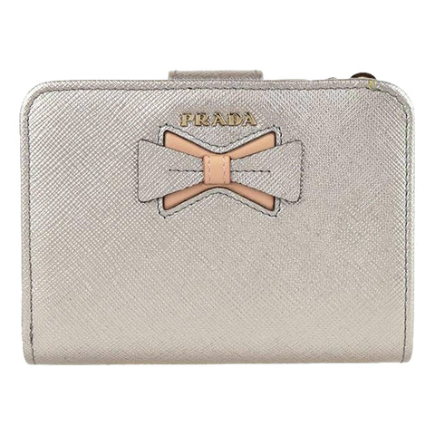 Prada Ribbon Saffiano Metallic Silver and Beige Leather Bifold Wallet at_Queen_Bee_of_Beverly_Hills