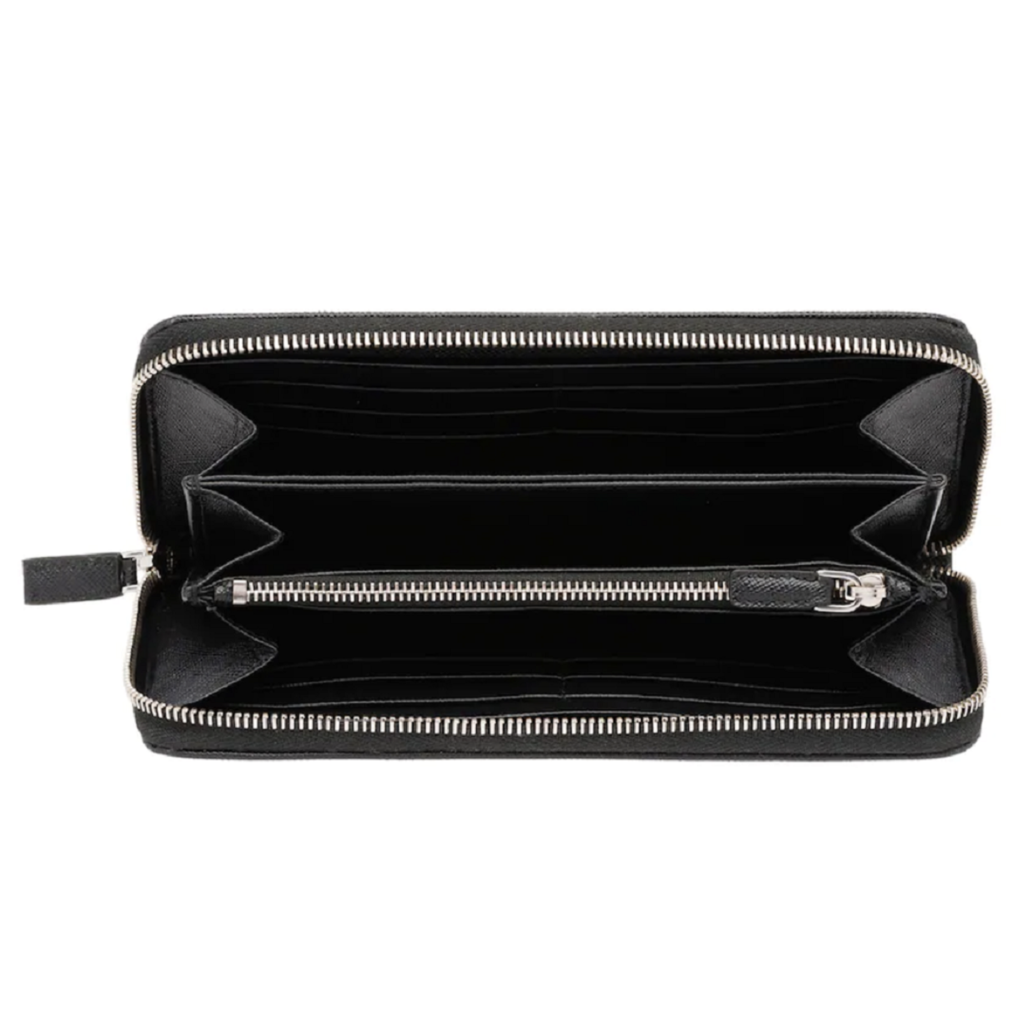 Prada Vitello Micro Grain Long Black Zip Around Continental Wallet Triangle Logo