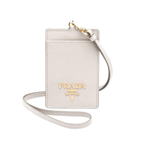 Prada Saffiano Ivory Leather Logo Plaque Lanyard Cardholder Wallet at_Queen_Bee_of_Beverly_Hills
