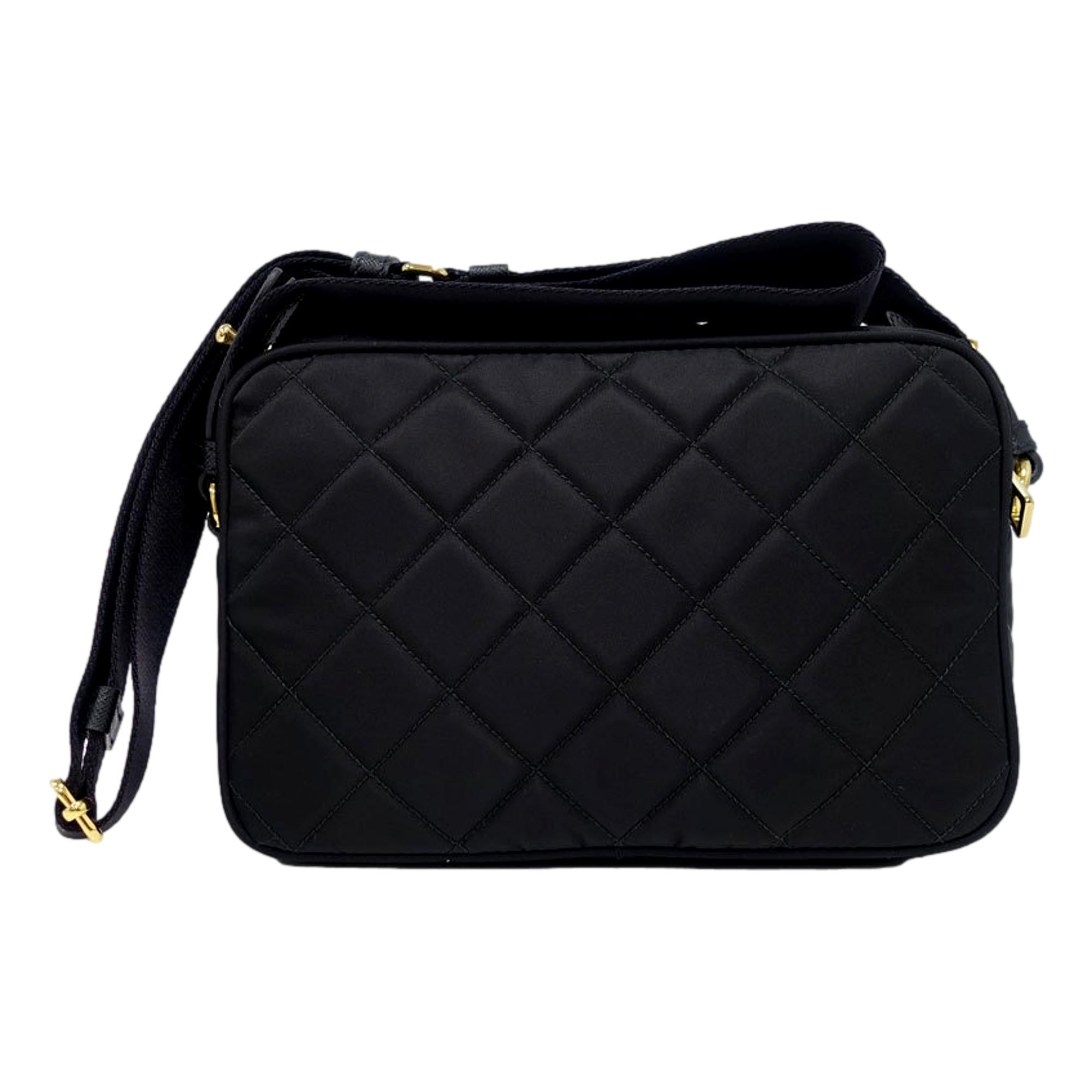 Prada Tessuto Black Quilted Nylon Triangle Logo Camera Crossbody Bag at_Queen_Bee_of_Beverly_Hills