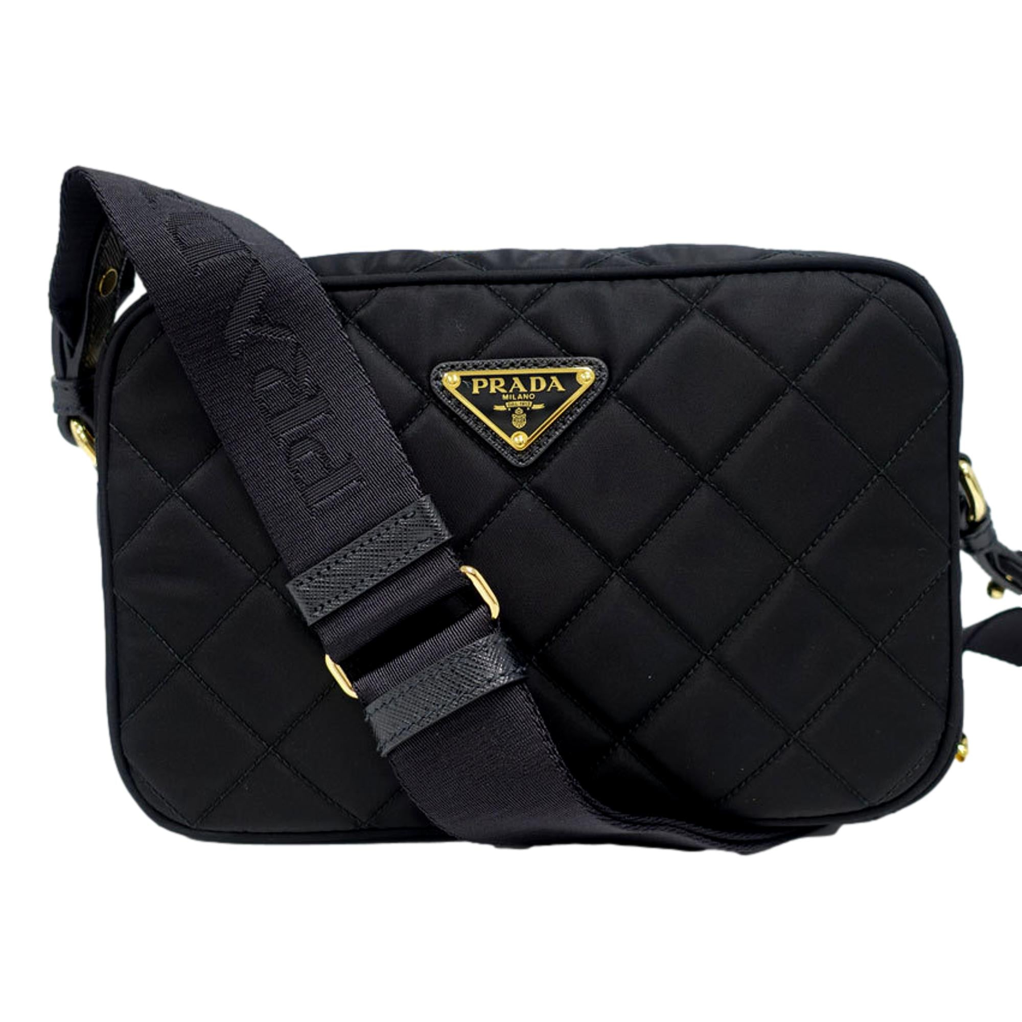 Prada Tessuto Black Quilted Nylon Triangle Logo Camera Crossbody Bag at_Queen_Bee_of_Beverly_Hills