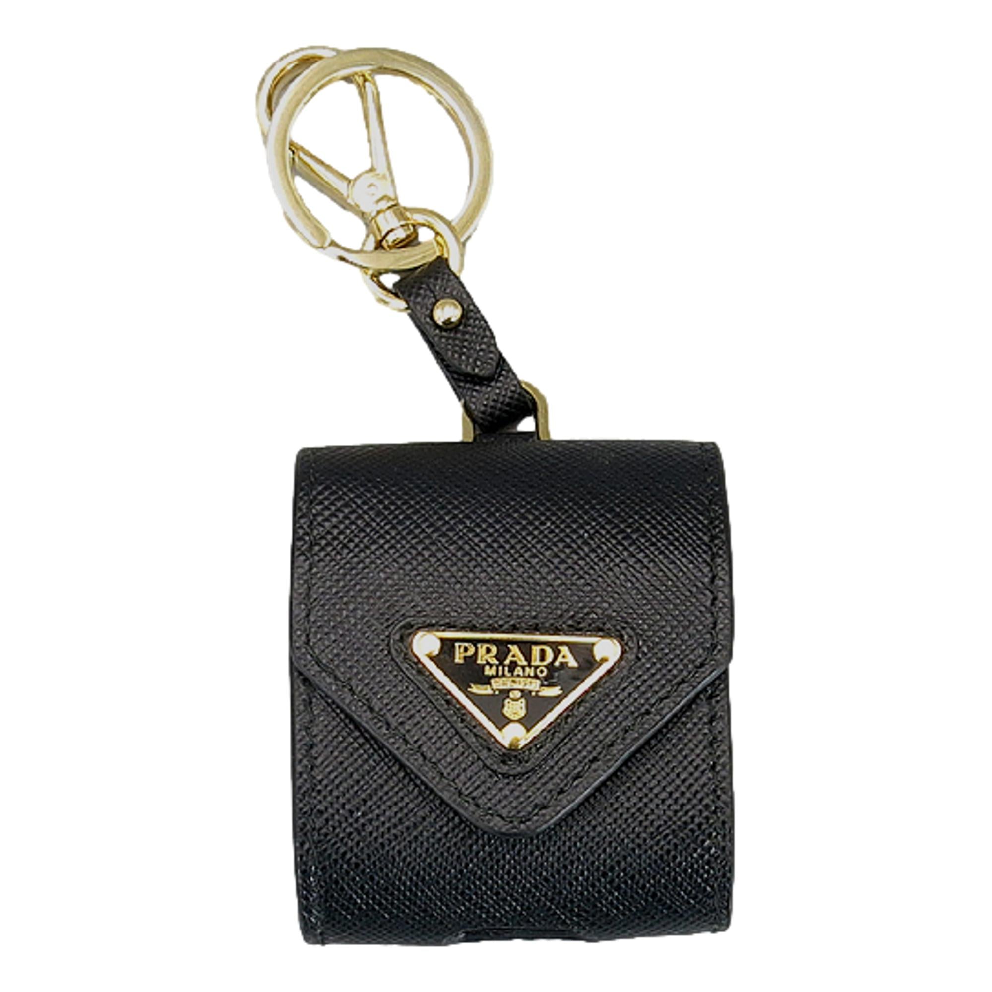 Prada Triangle Saffiano Black Leather Airpod Case with Key Ring at_Queen_Bee_of_Beverly_Hills