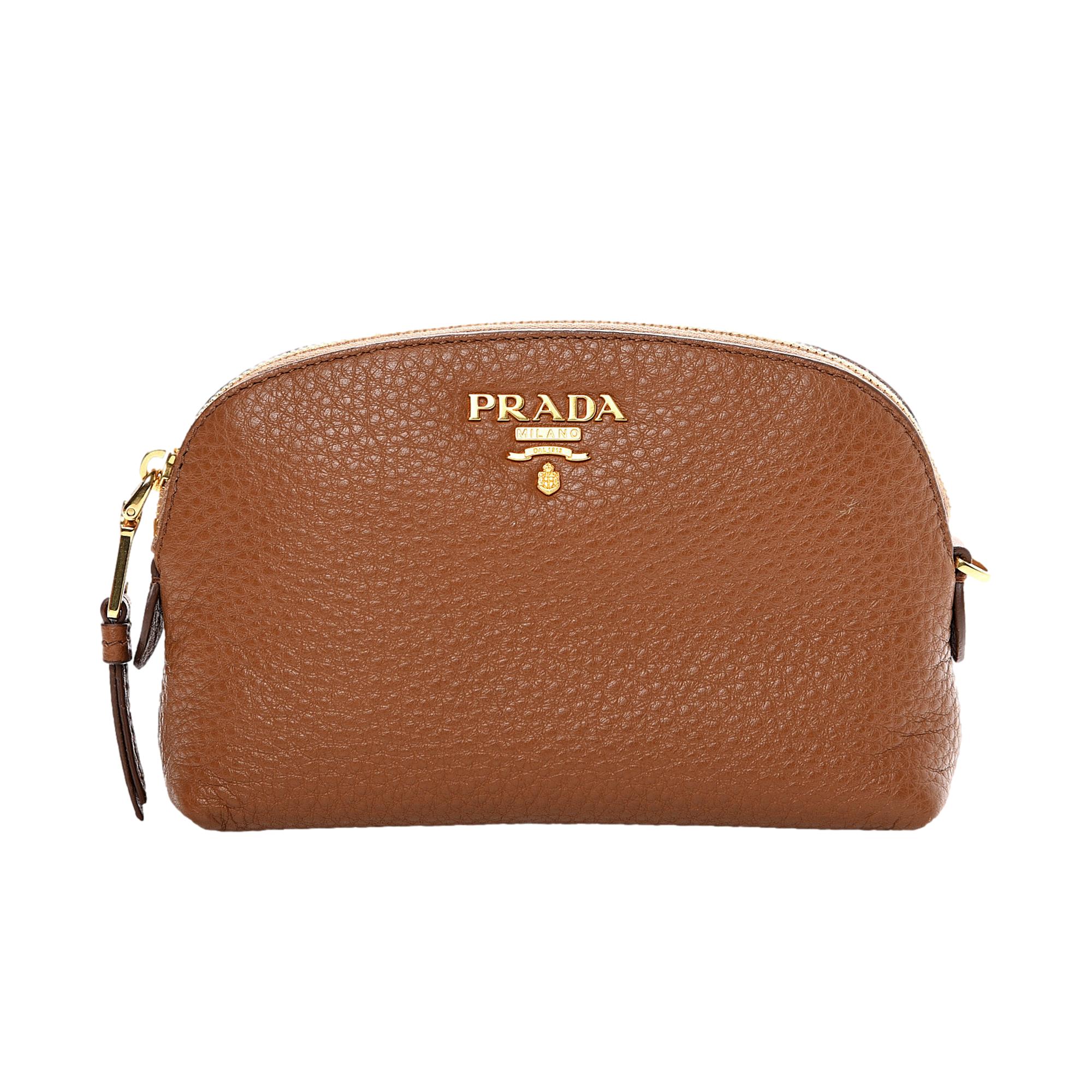 Prada Vitello Daino Cannella Brown Leather Small Cosmetic Case Bag at_Queen_Bee_of_Beverly_Hills