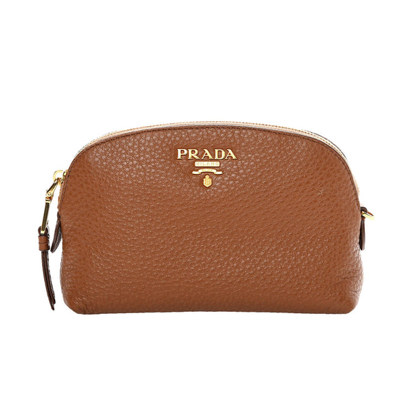 Prada Vitello Daino Cannella Brown Leather Small Cosmetic Case