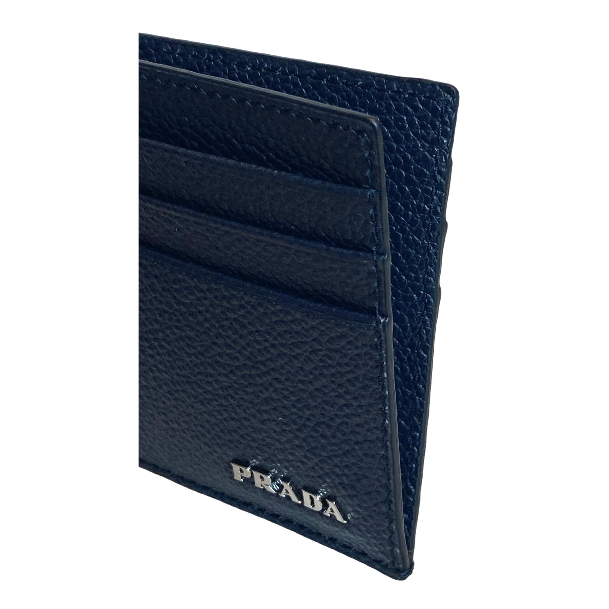 Prada Vitello Micro Grain Leather Baltico Blue Card Holder Wallet at_Queen_Bee_of_Beverly_Hills
