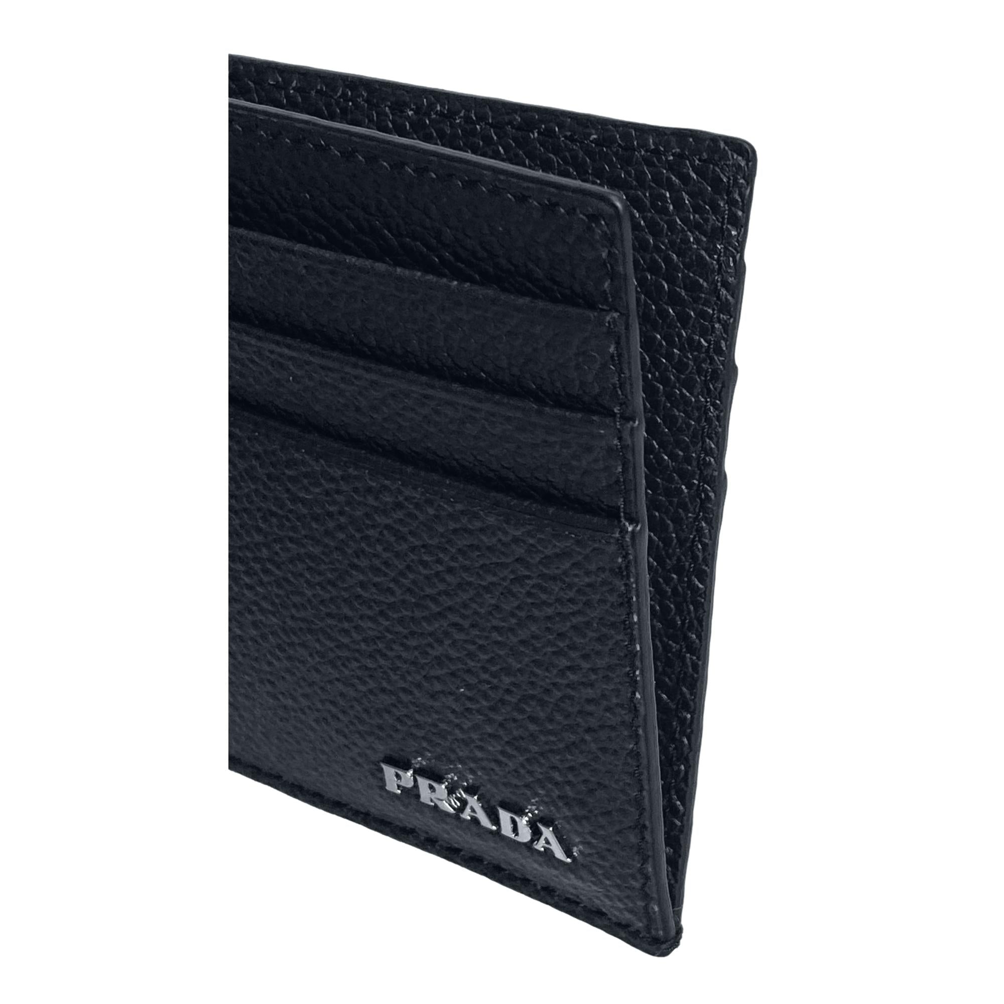 Prada Vitello Micro Grain Leather Black Card Holder Wallet at_Queen_Bee_of_Beverly_Hills
