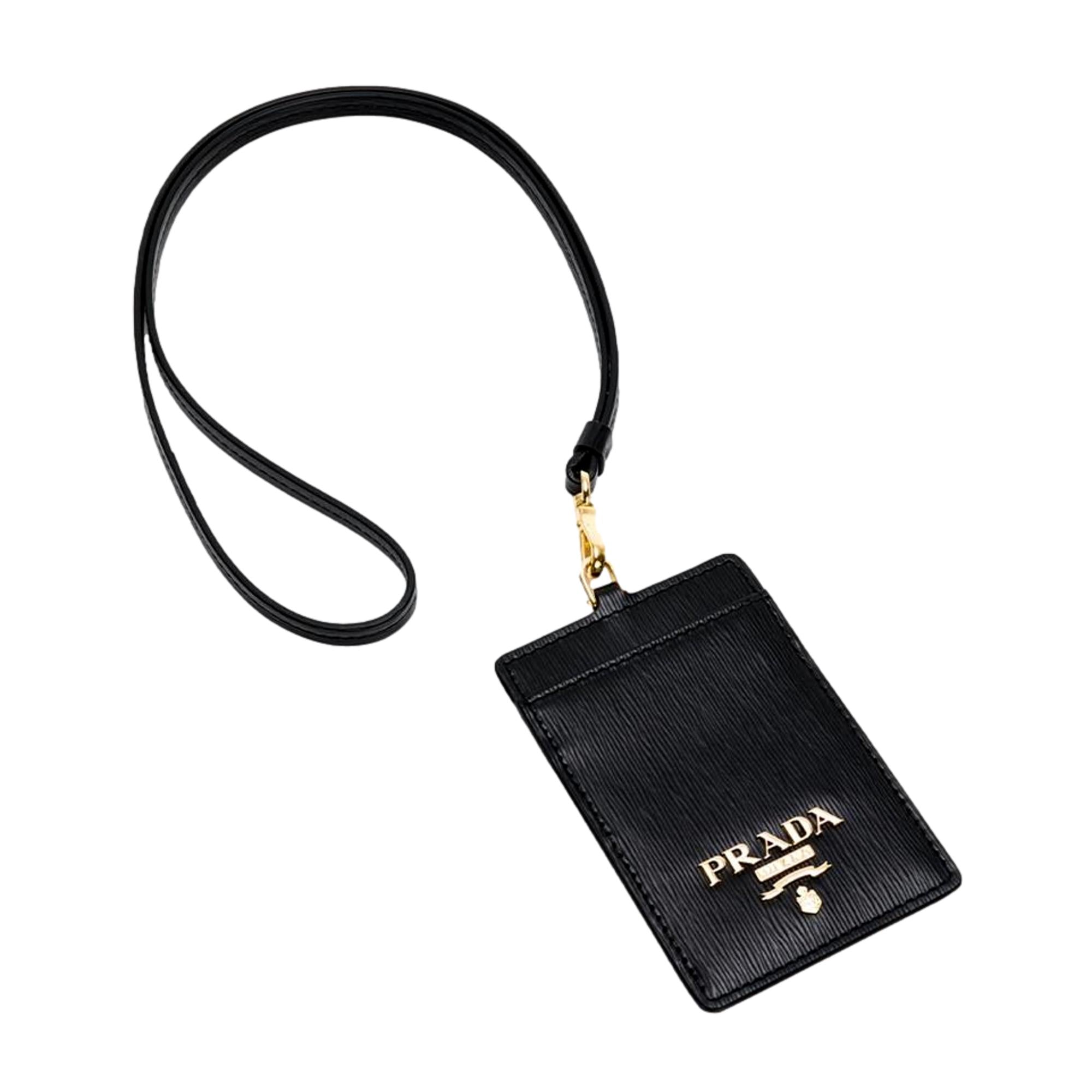 Prada Vitello Move Black Leather Logo Plaque Lanyard Cardholder Wallet at_Queen_Bee_of_Beverly_Hills