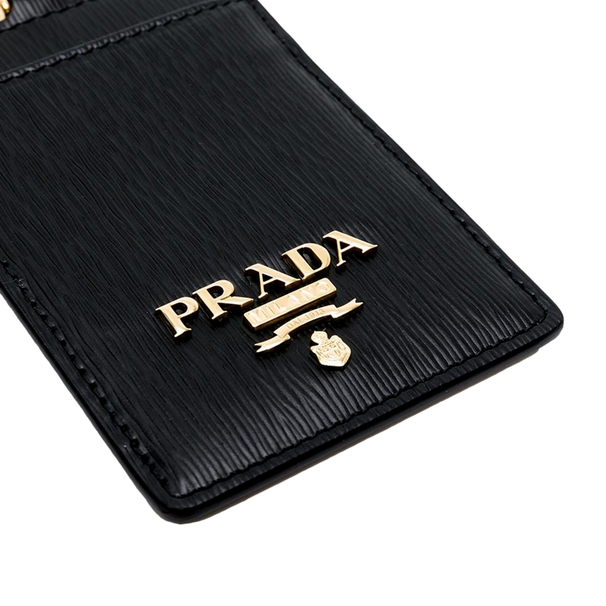 Prada Vitello Move Black Leather Logo Plaque Lanyard Cardholder Wallet at_Queen_Bee_of_Beverly_Hills
