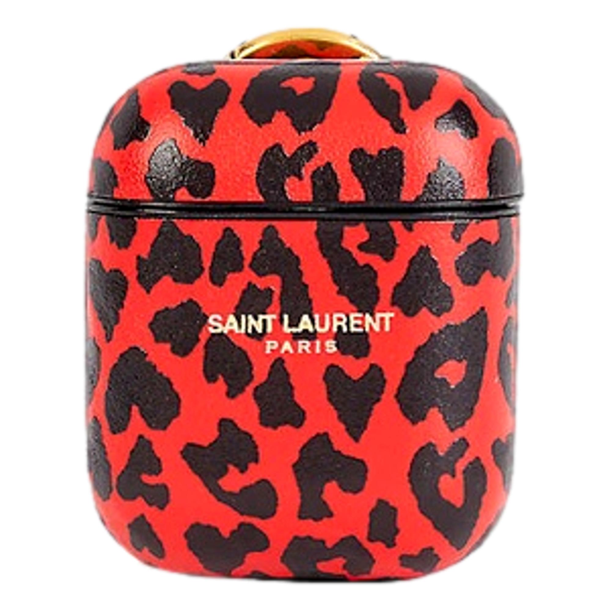 Saint Laurent Leopard Print Black and Red Leather Airpods Case 635662 at_Queen_Bee_of_Beverly_Hills