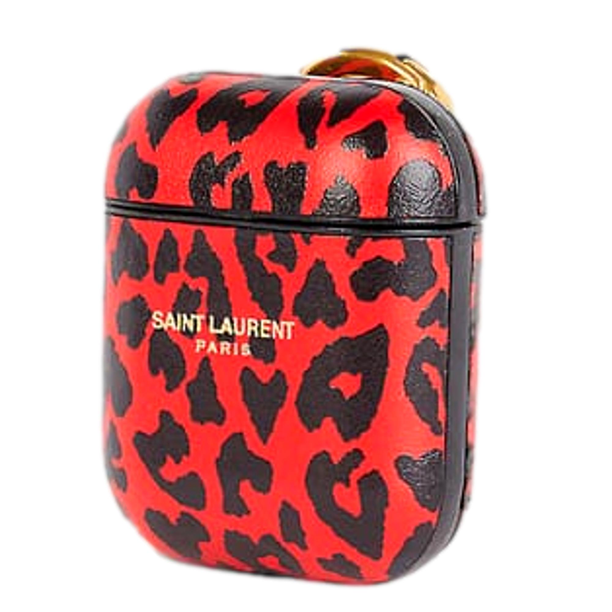 Saint Laurent Leopard Print Black and Red Leather Airpods Case 635662 at_Queen_Bee_of_Beverly_Hills