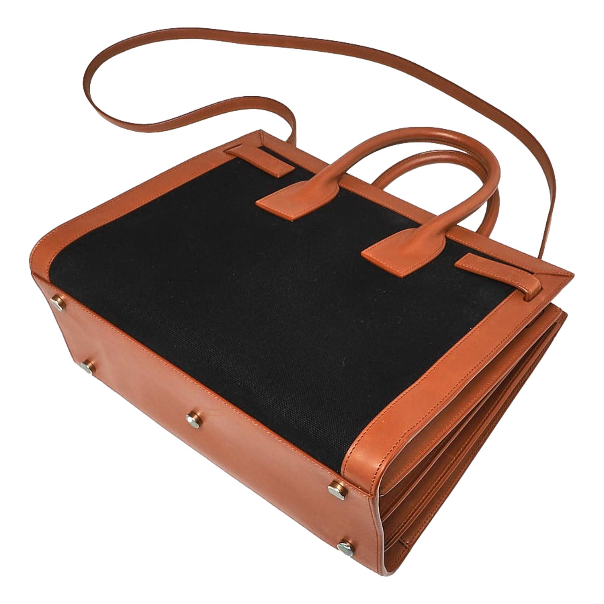 Saint Laurent Sac De Jour Black Canvas and Brown Leather Satchel 400629 at_Queen_Bee_of_Beverly_Hills