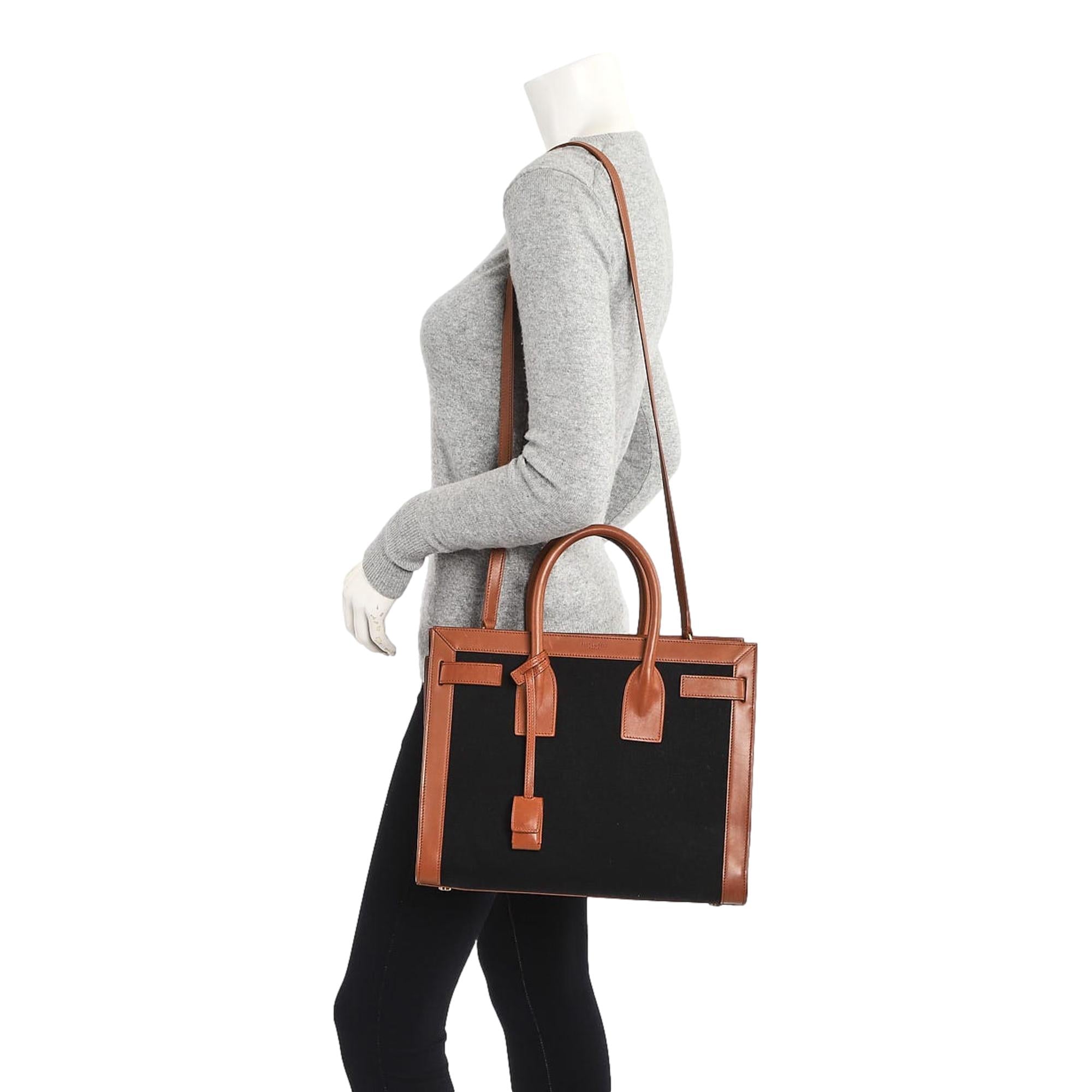 Saint Laurent Sac De Jour Black Canvas and Brown Leather Satchel 400629 at_Queen_Bee_of_Beverly_Hills