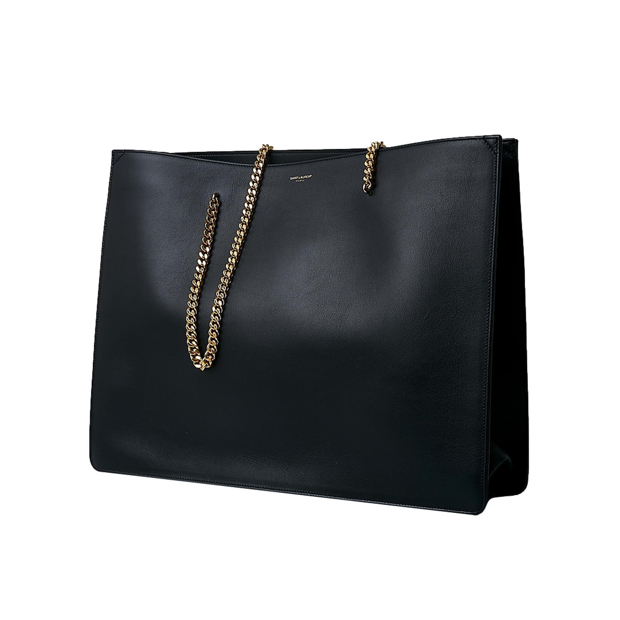 Saint Laurent Siena Ultra Lux Black Calf Leather Chain Shoulder Tote Bag at_Queen_Bee_of_Beverly_Hills