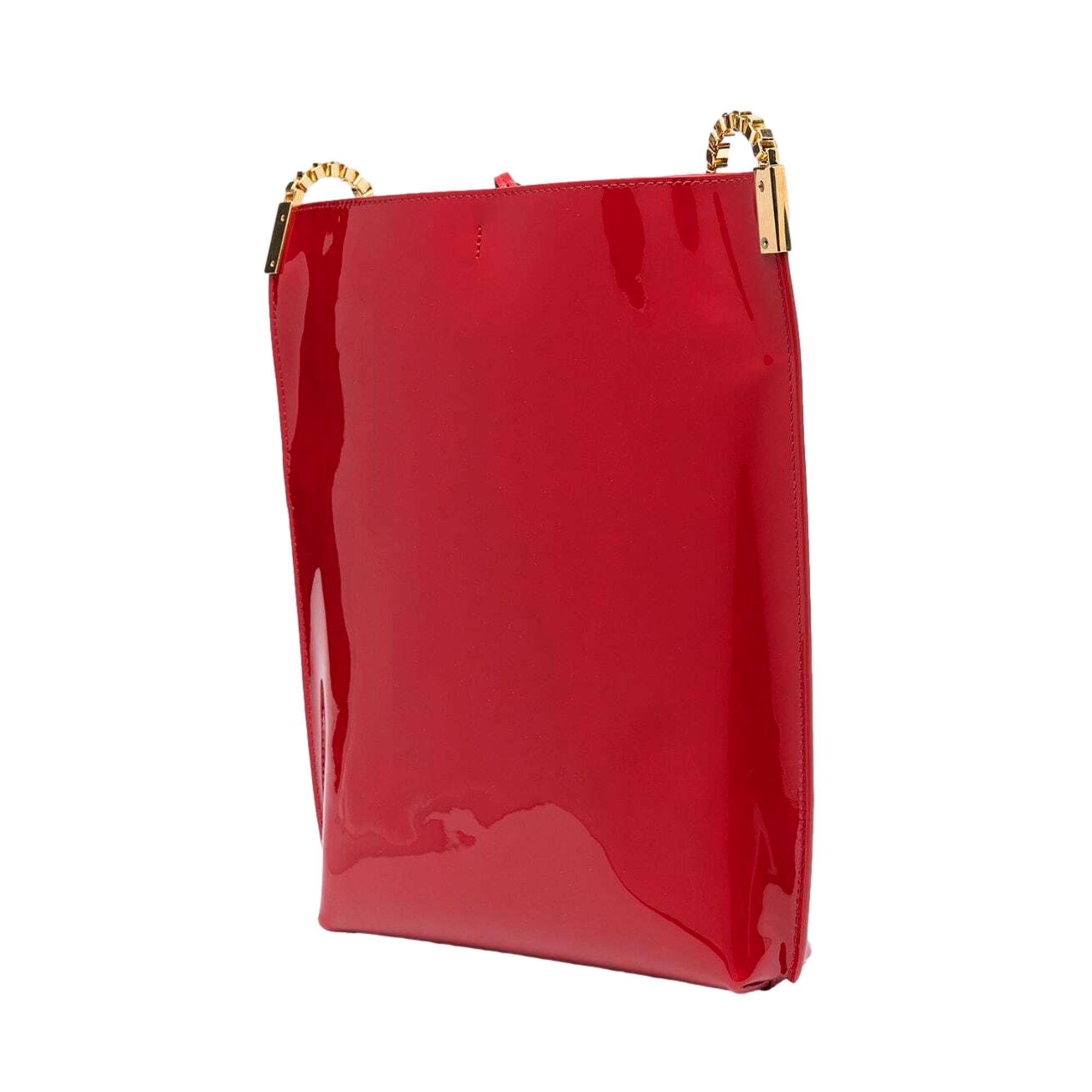 Saint Laurent Suzanne Red Patent Leather Small Chain Hobo Bag at_Queen_Bee_of_Beverly_Hills