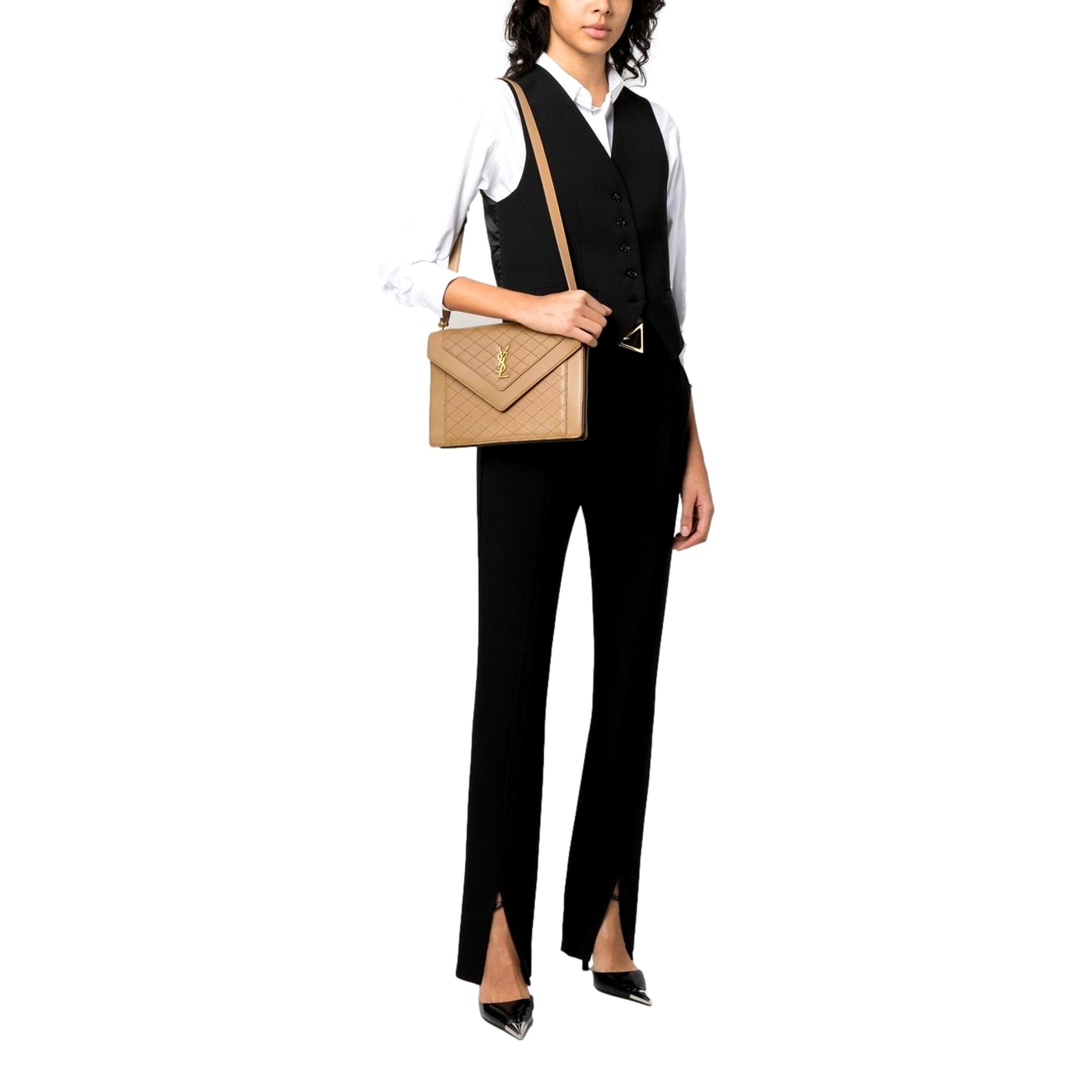 Saint Laurent Gabby Monogram Quilted Lambskin Leather Light Brown Shoulder Bag