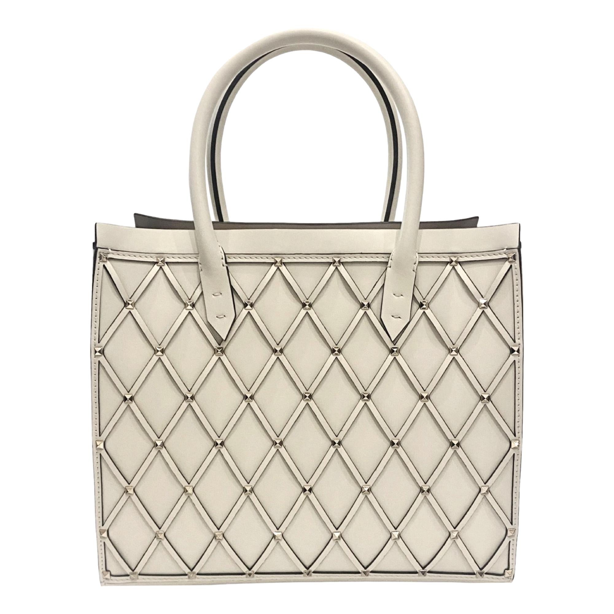Valentino Garavani Beehive Lattice Ivory Studded Leather Tote Bag at_Queen_Bee_of_Beverly_Hills