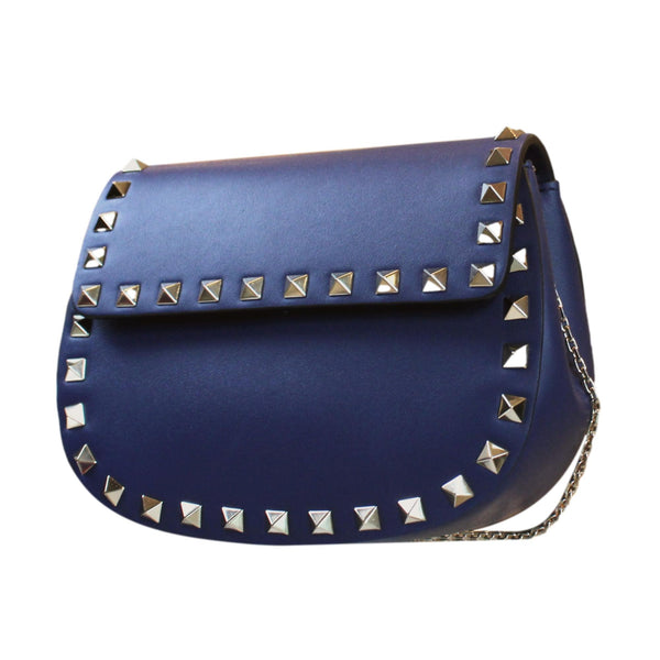 Valentino Garavani Rockstud Blue Calf Leather Small Chain Crossbody Clutch  Bag