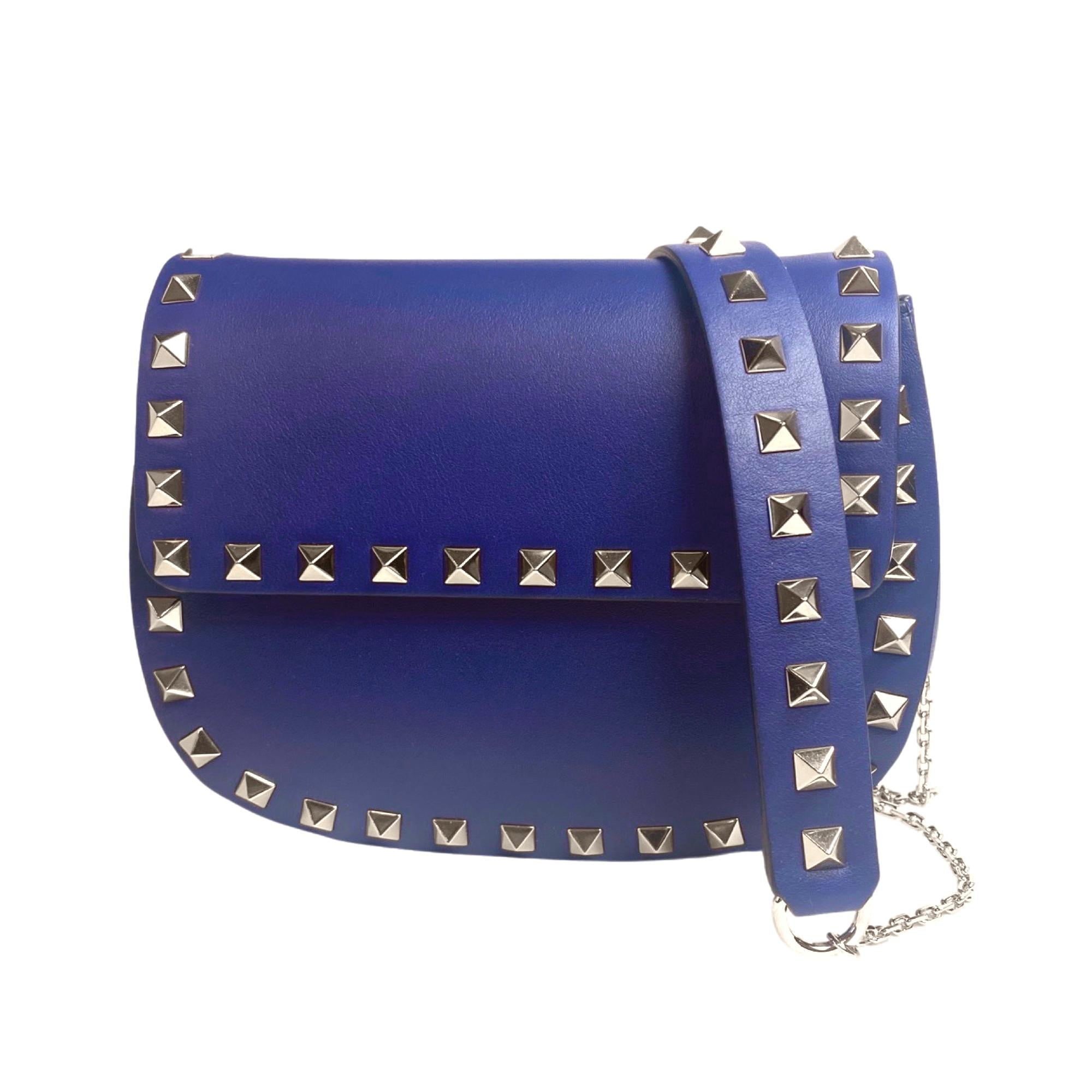 Valentino Garavani Rockstud Blue Calf Leather Small Chain Crossbody Bag at_Queen_Bee_of_Beverly_Hills