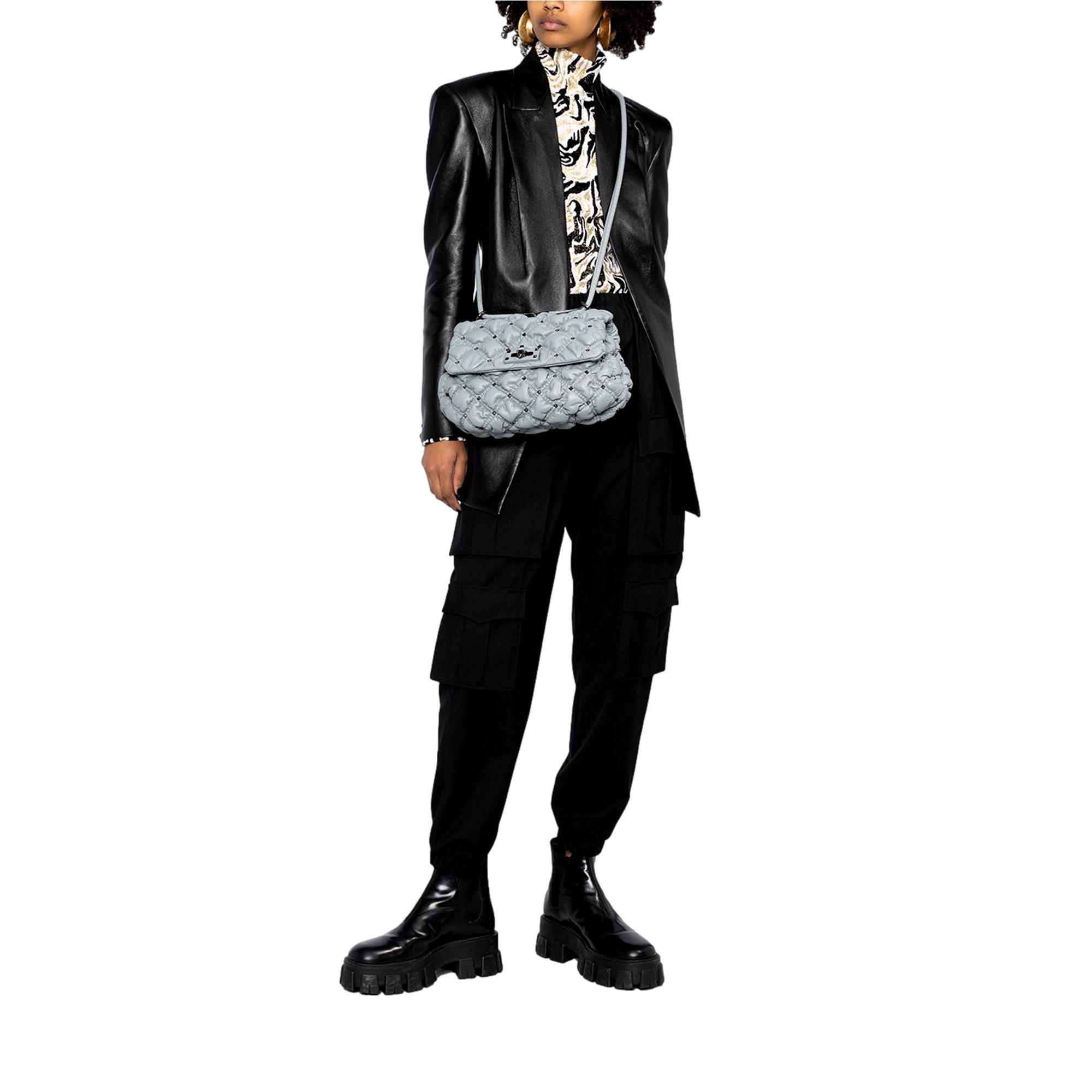 Valentino Garavani Spike Me Gray Leather Crossbody Bag Medium at_Queen_Bee_of_Beverly_Hills