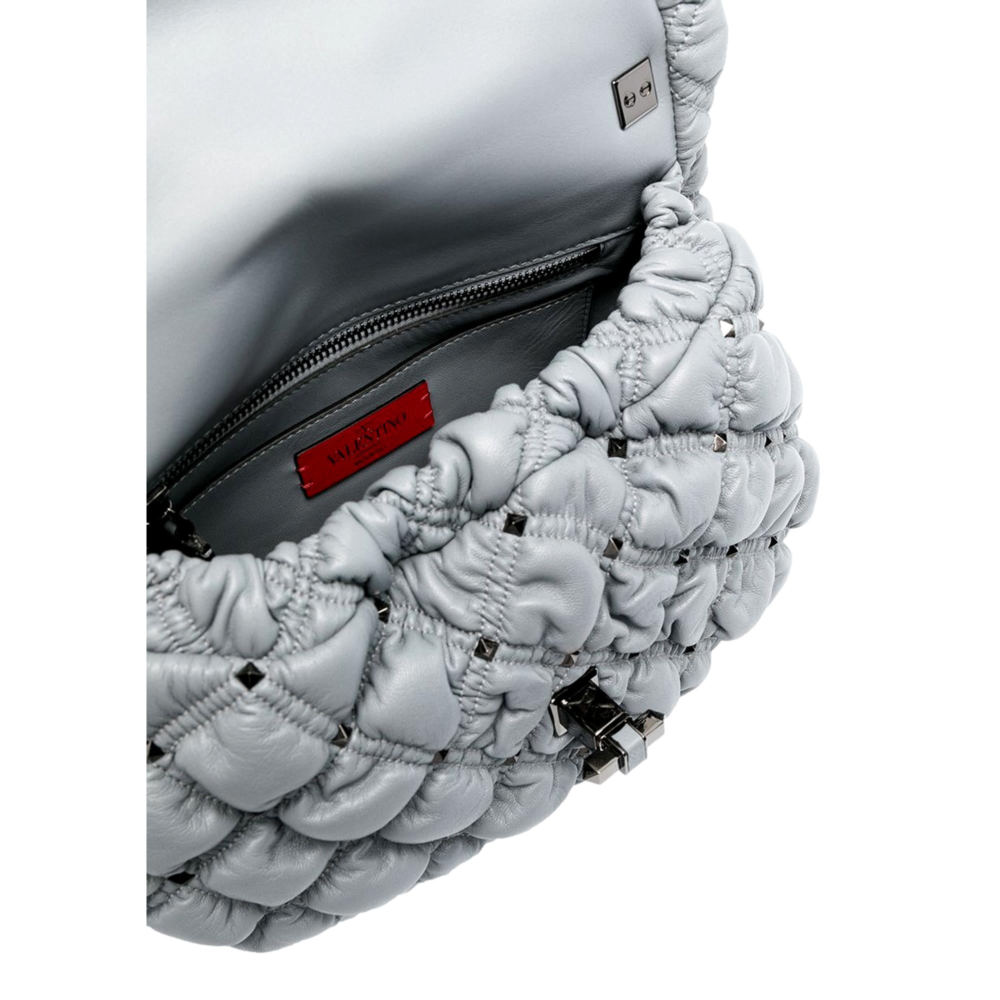 Valentino Garavani Spike Me Gray Leather Crossbody Bag Medium at_Queen_Bee_of_Beverly_Hills